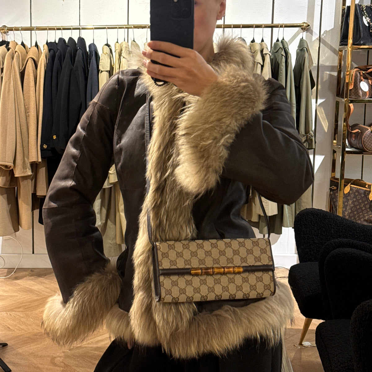 Sac GUCCI GG Bamboo toile et cuir marron