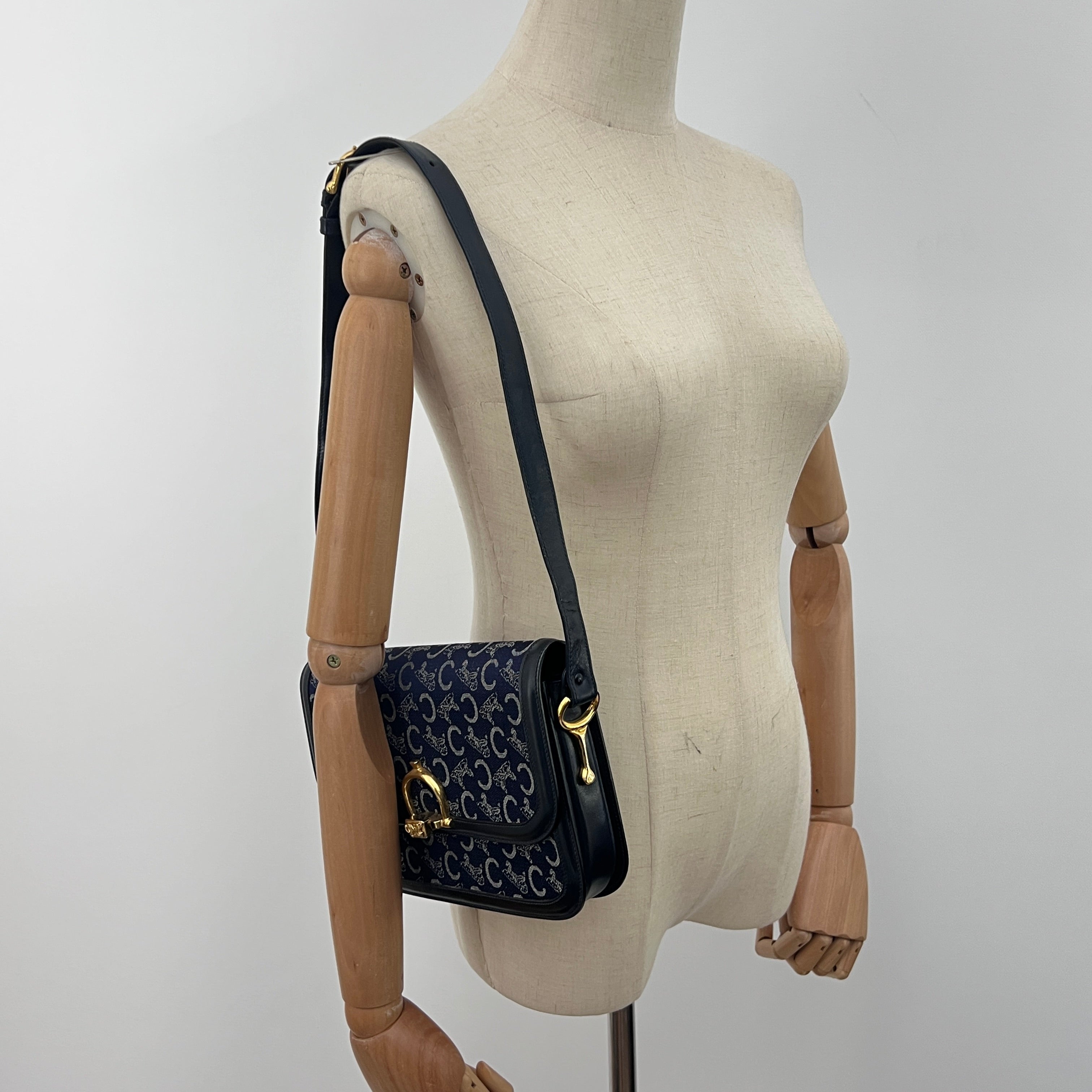 Bag CELINE Triomphe Macadam canvas and navy leather