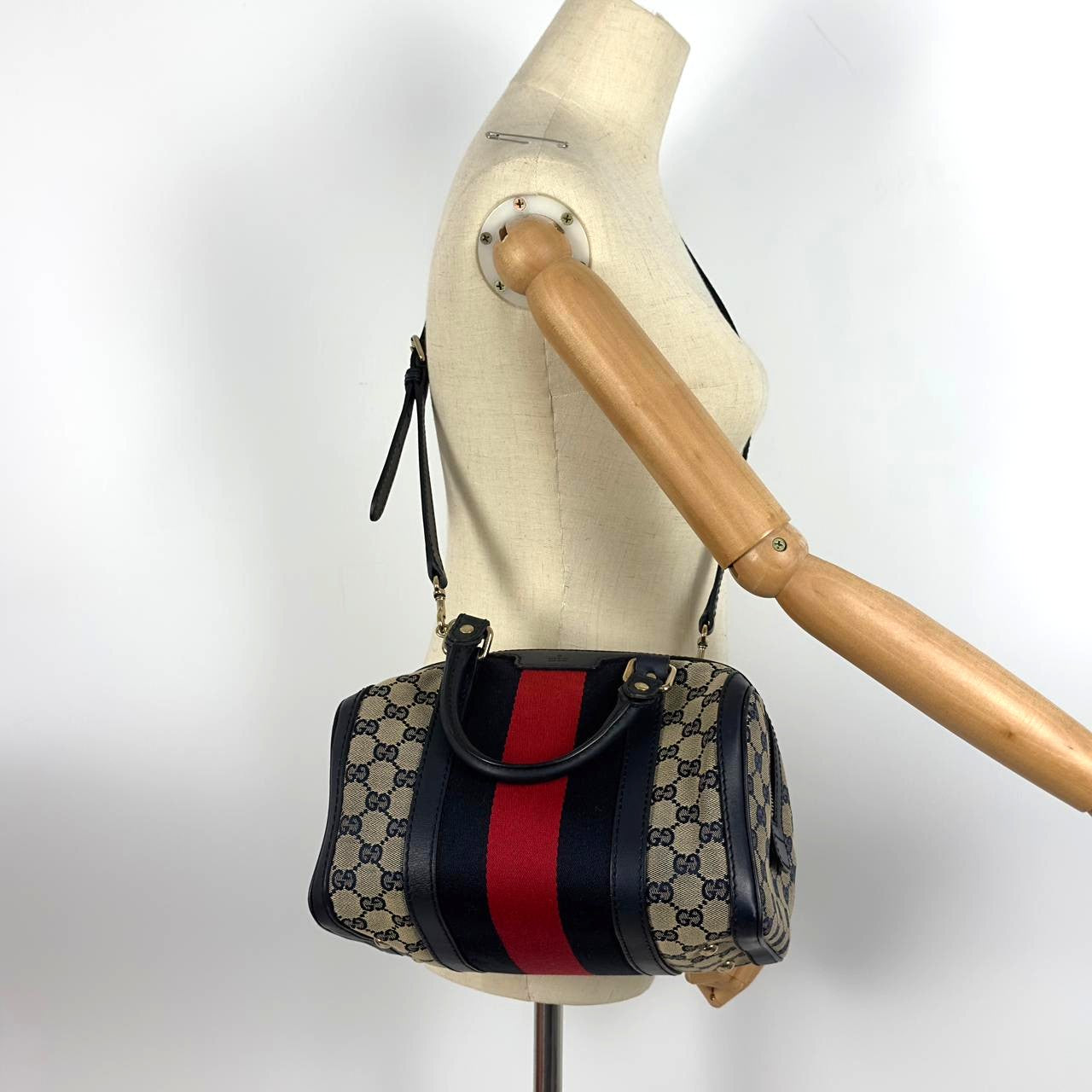 Sac à main GUCCI Boston Small toile et cuir bleu nuit
