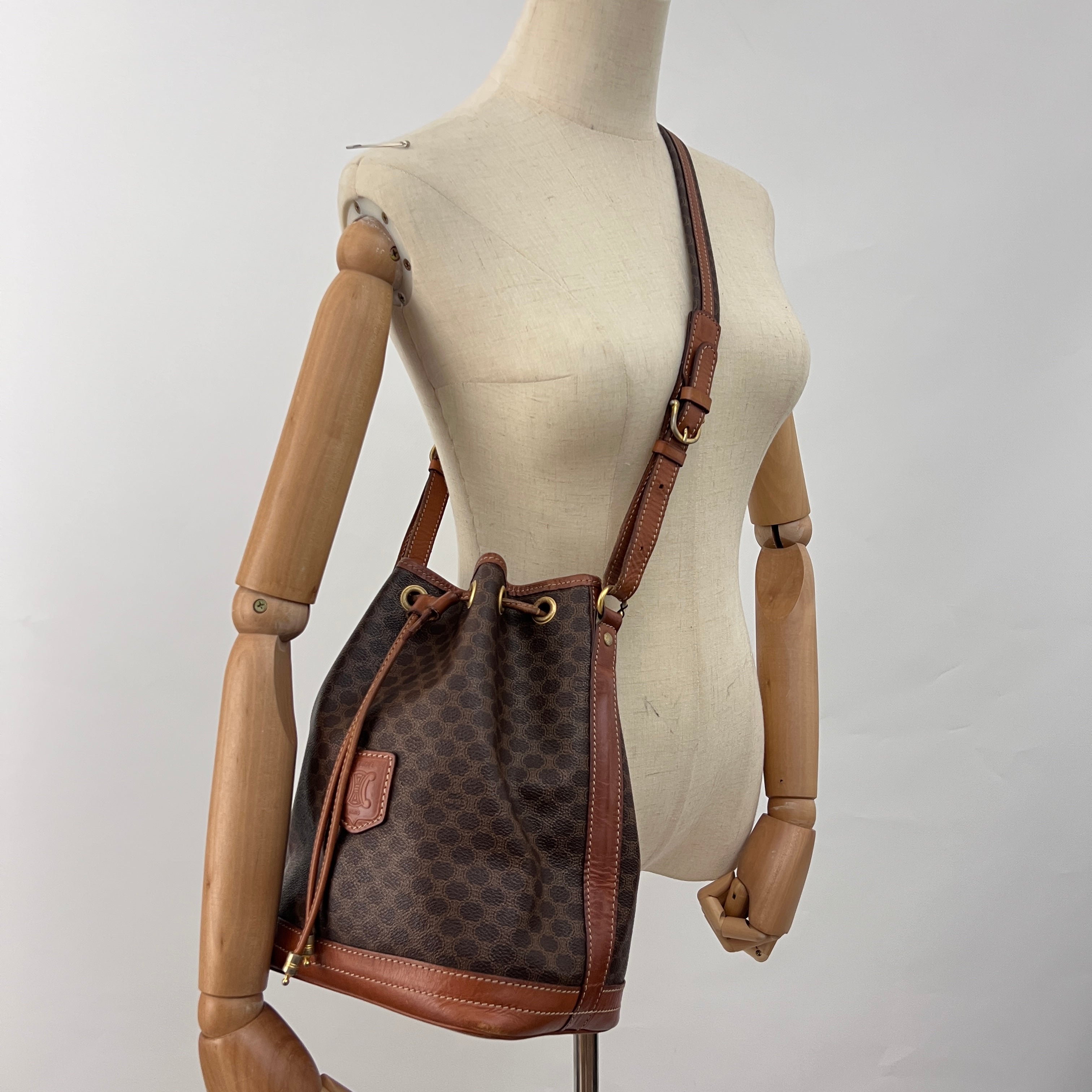 Sac CELINE Seau Petit toile et cuir marron