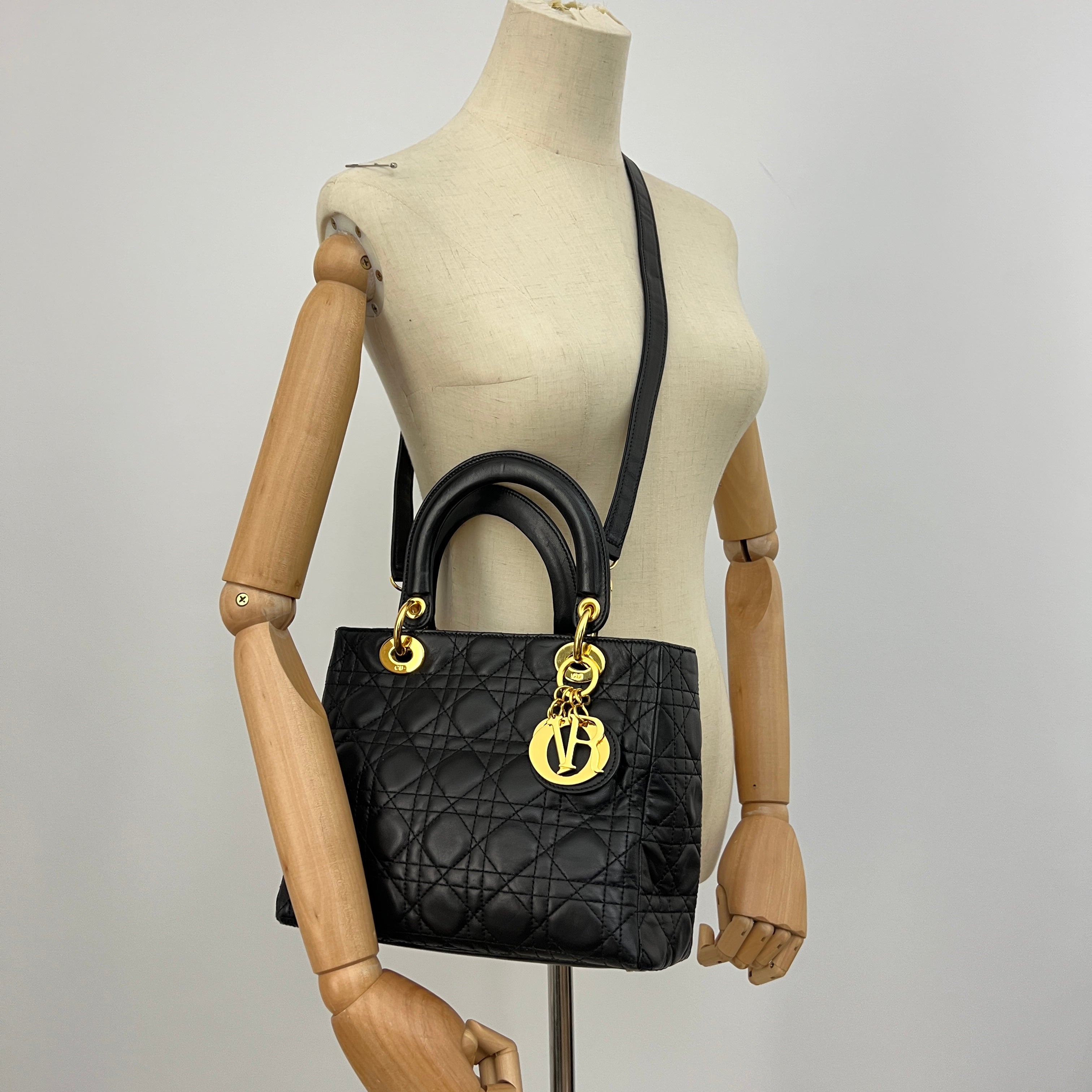DIOR Lady Dior Medium black lambskin shoulder bag