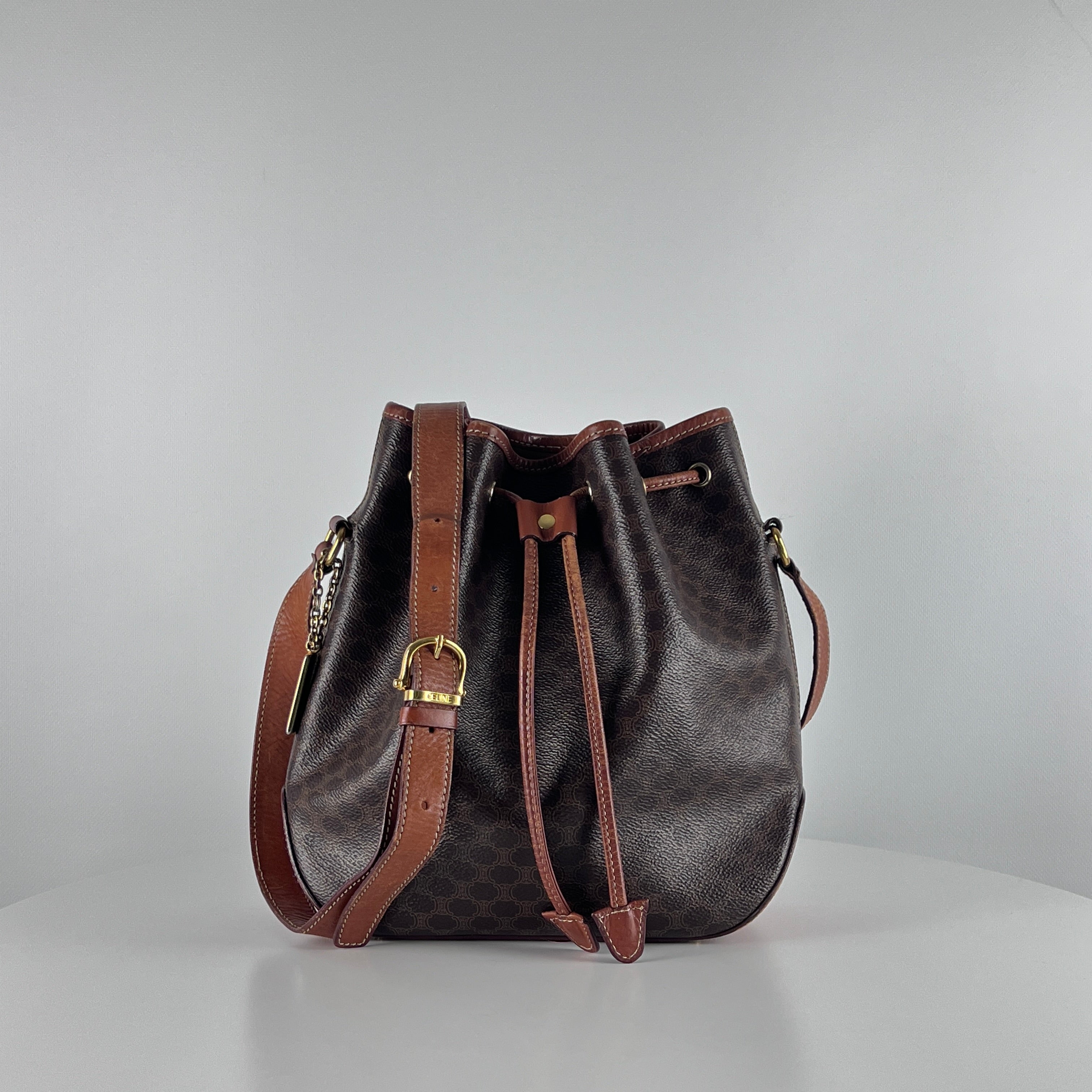 CELINE Bucket handbag in brown canvas and leather