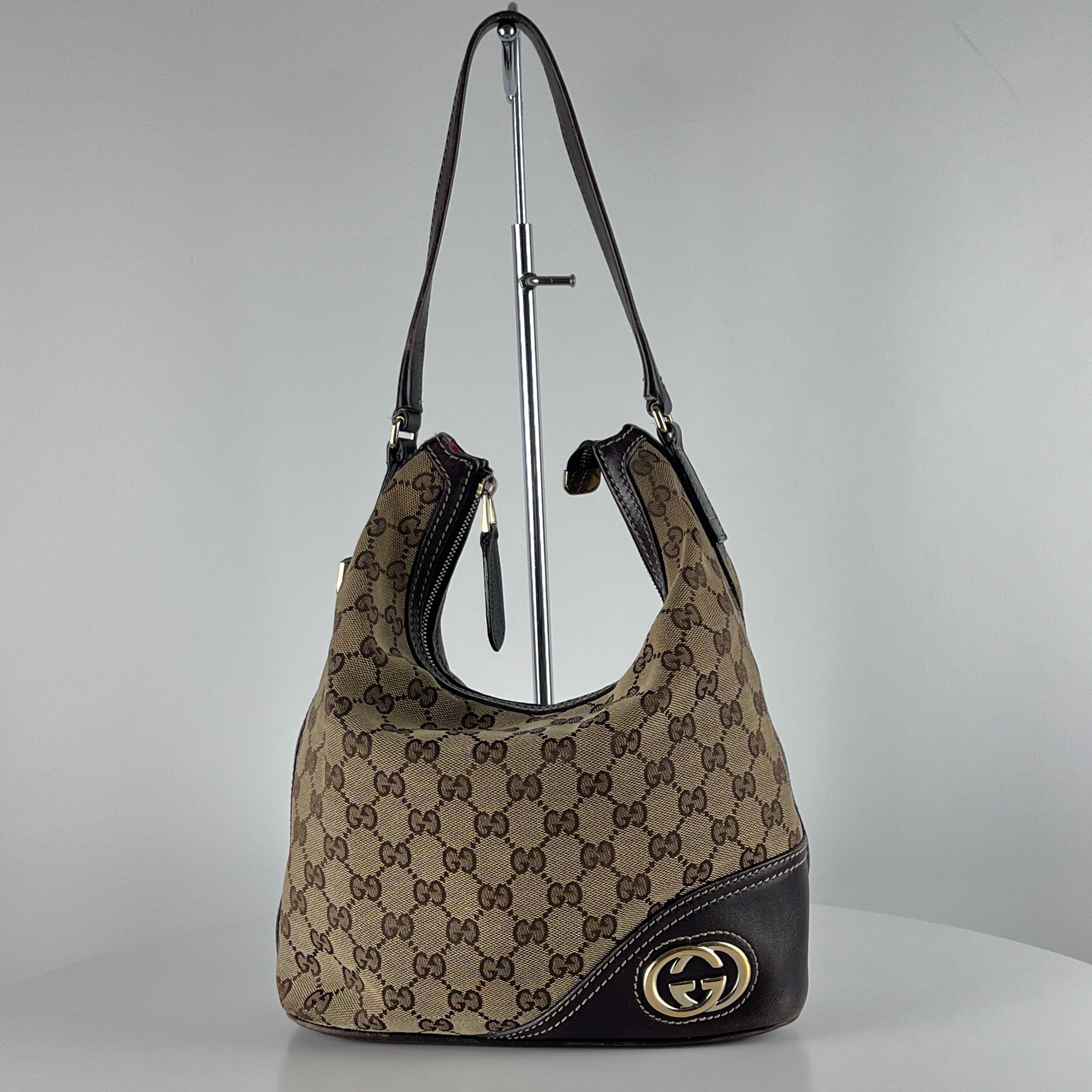 GUCCI Hobo GG canvas and brown leather handbag