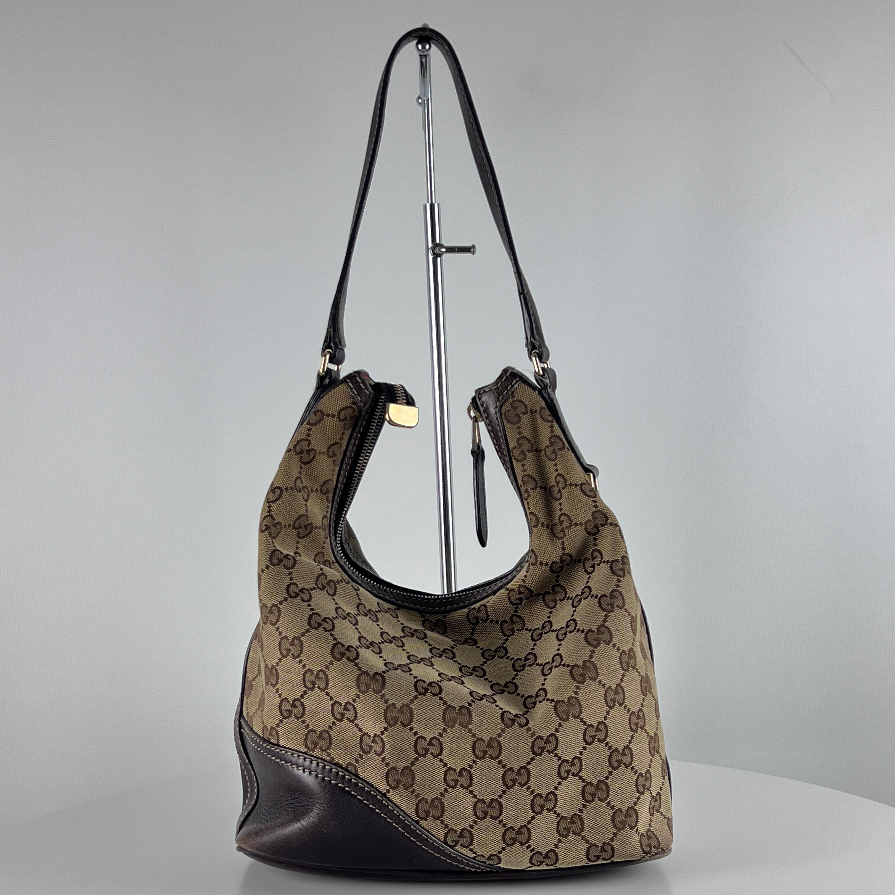 GUCCI Hobo GG canvas and brown leather handbag