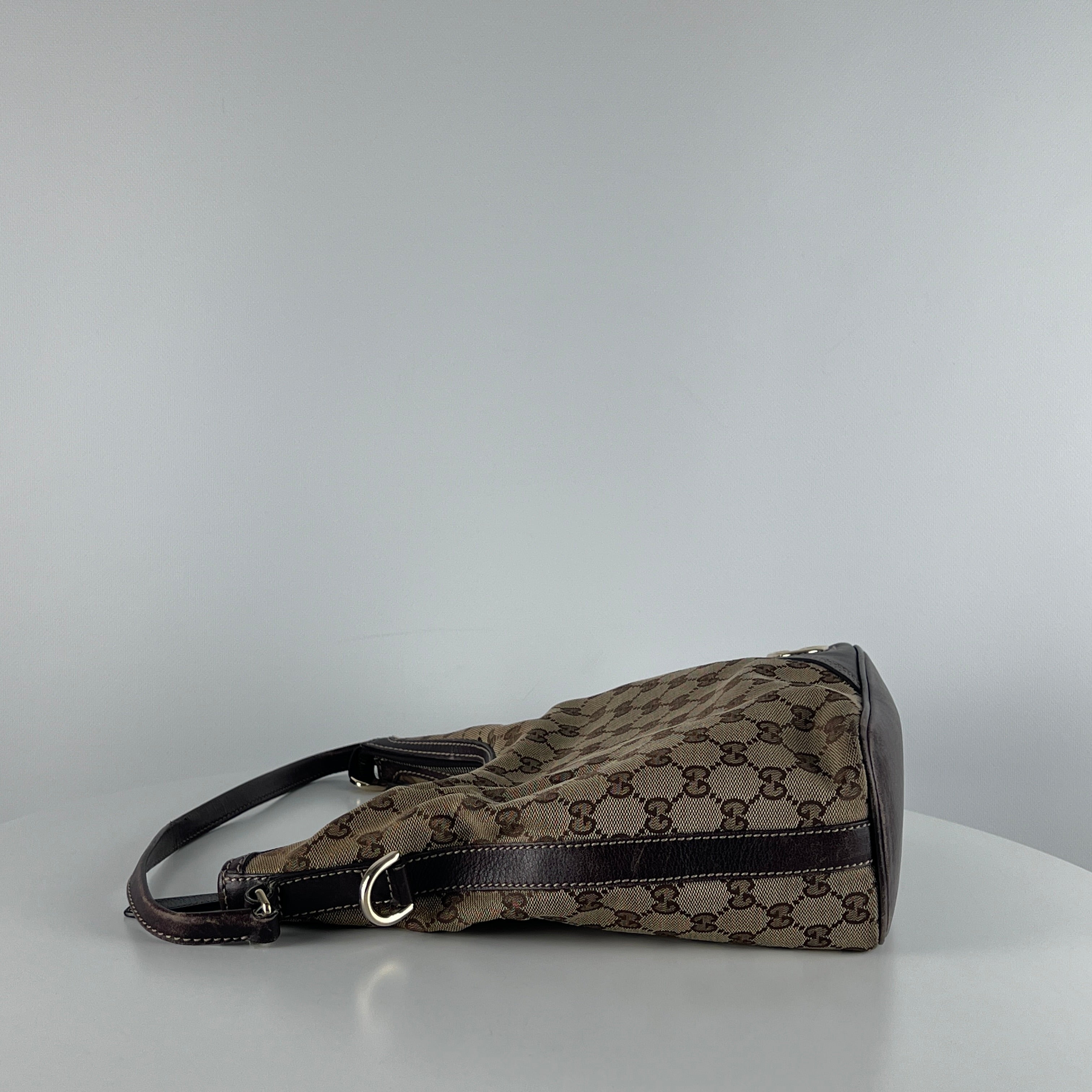 GUCCI Hobo GG canvas and brown leather handbag