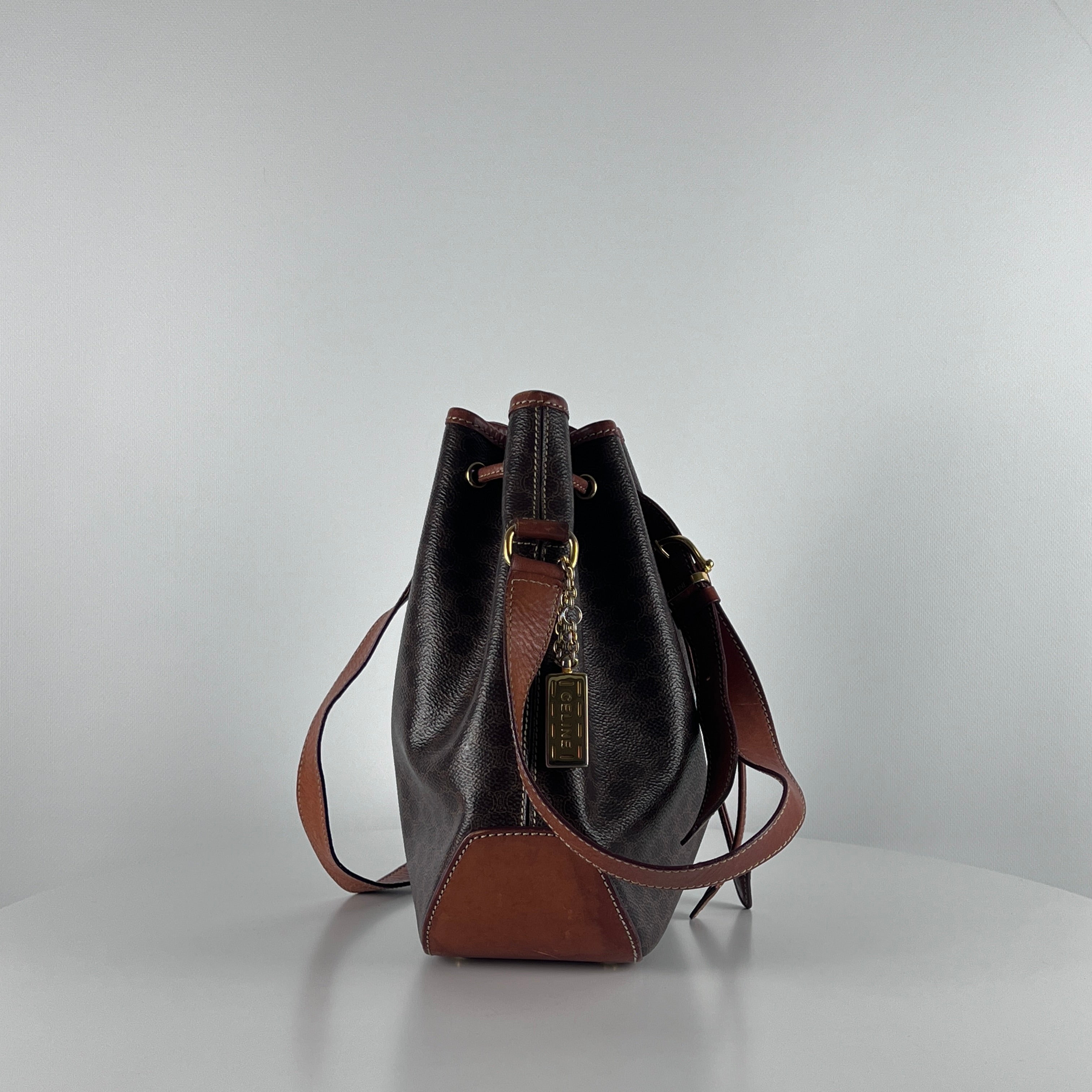 CELINE Bucket handbag in brown canvas and leather