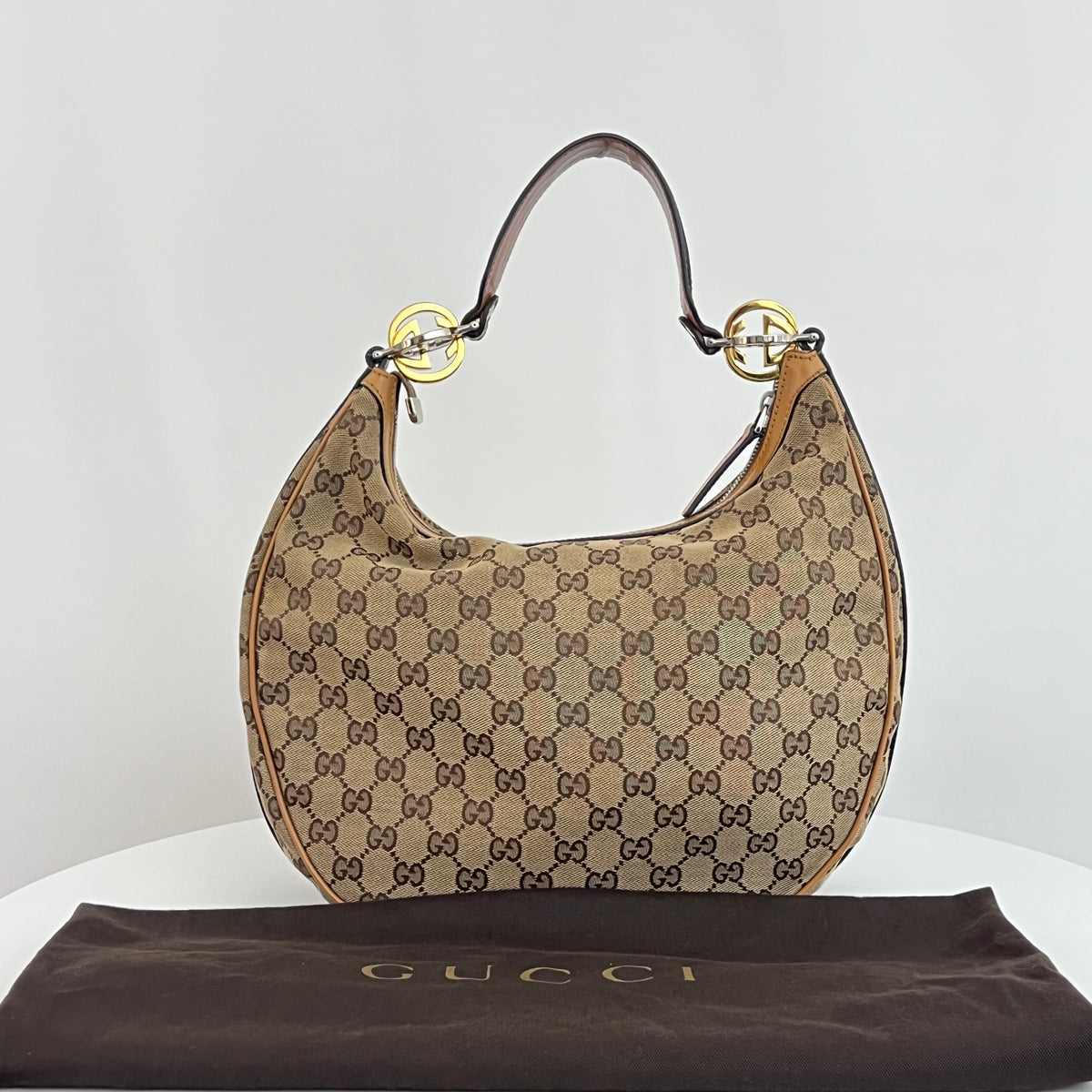 GUCCI Twins GG canvas and brown leather hobo bag