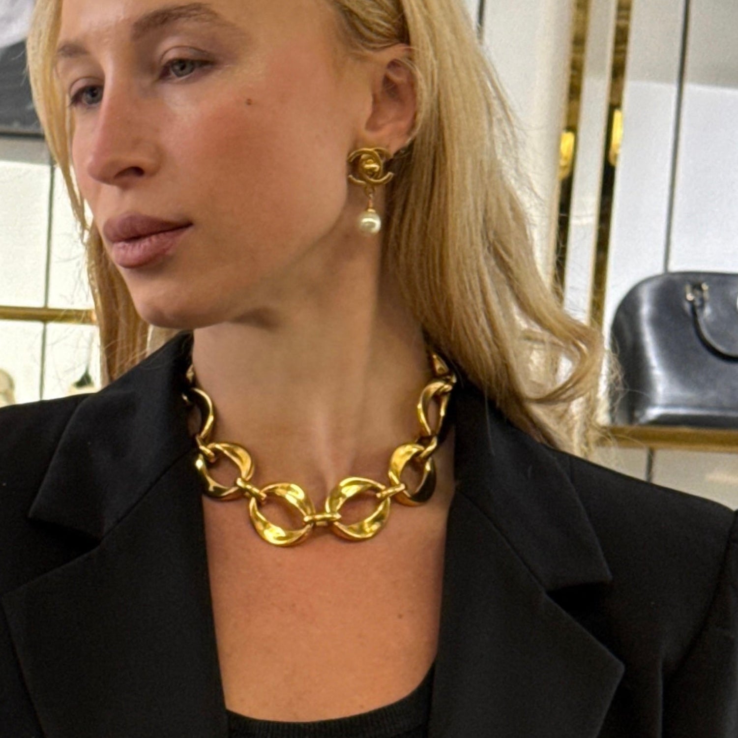 CHANEL CC Pearl Drop Necklace in silver-tone steel