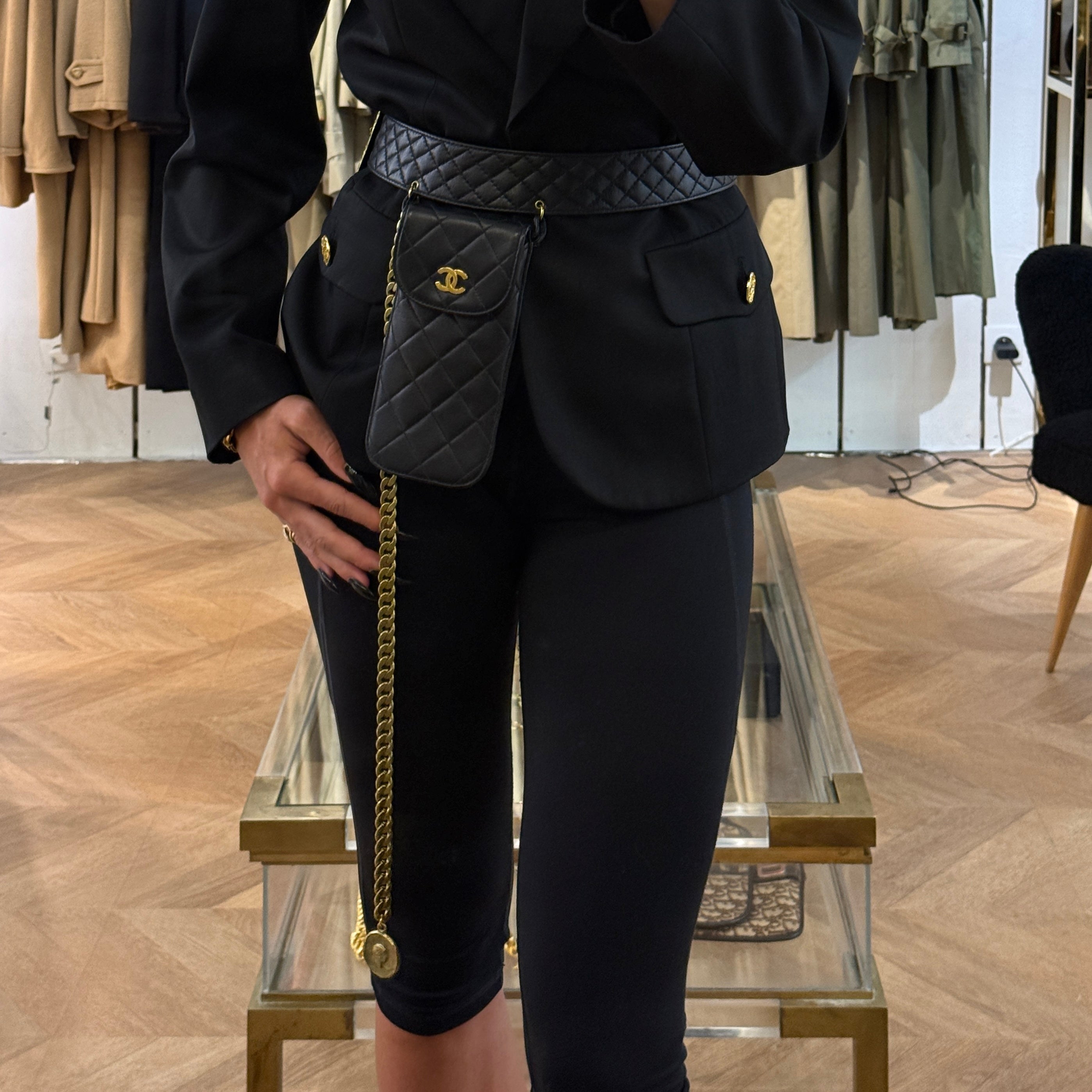 CHANEL Chain Bag quilted black leather vintage belt Circa 1994