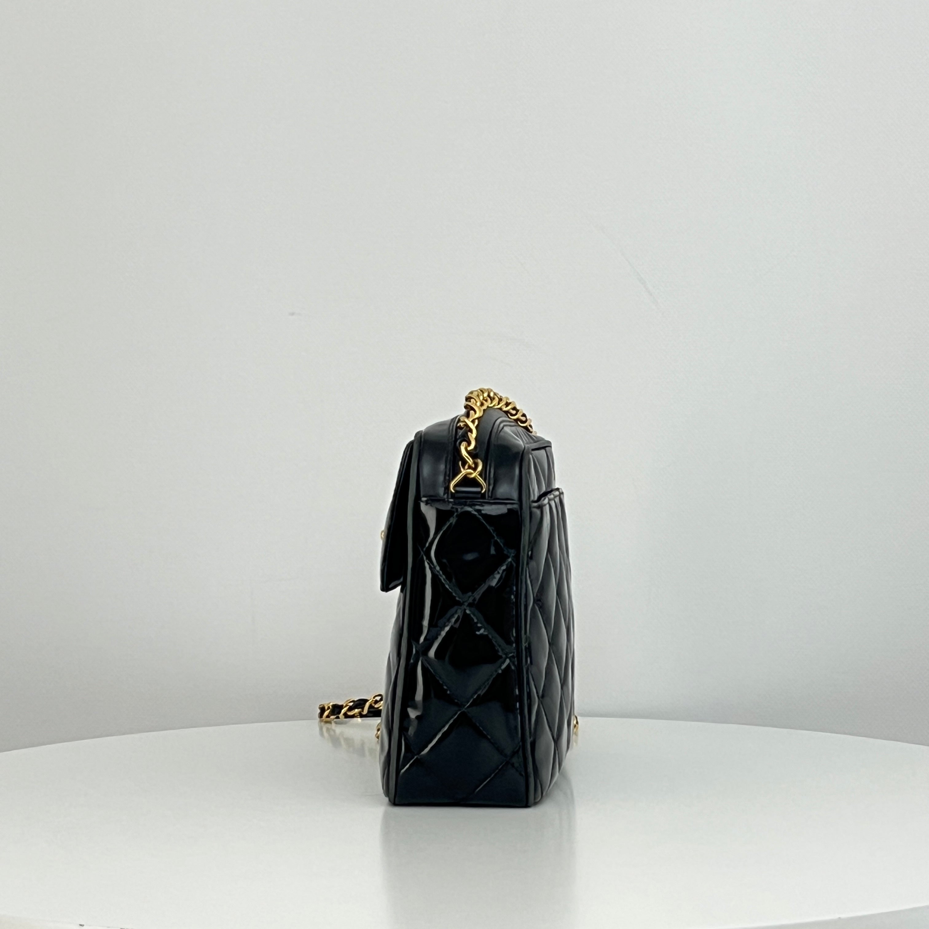 CHANEL Camera Shoulder Bag black patent leather