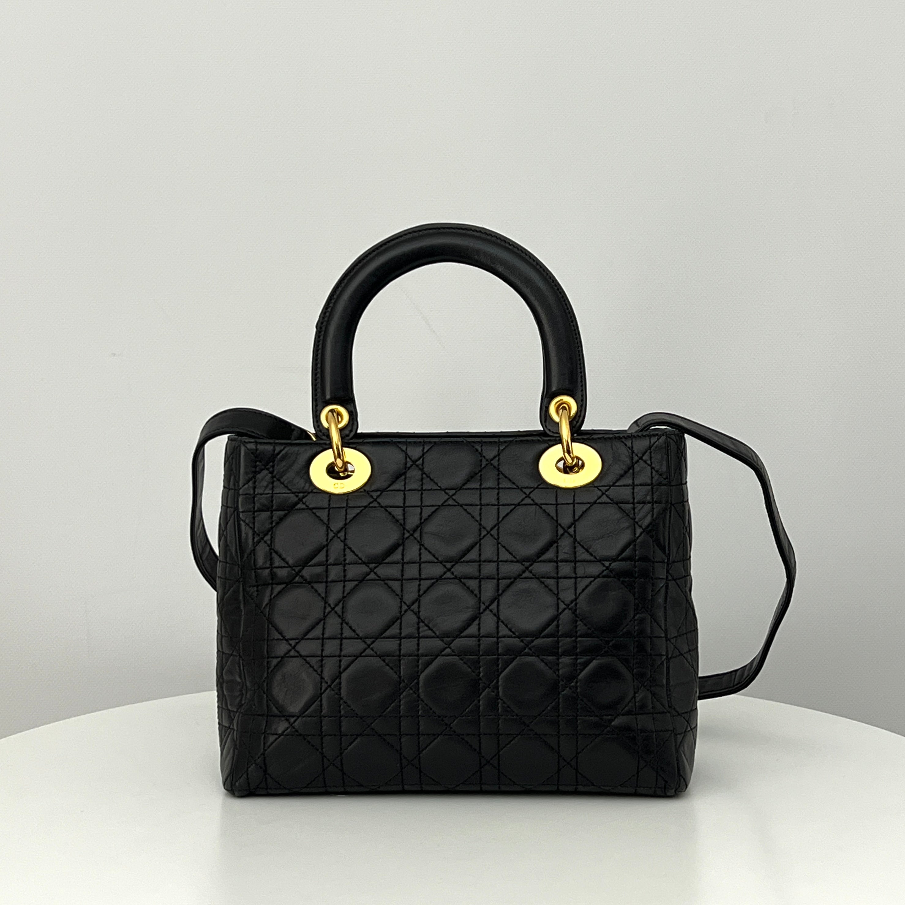 DIOR Lady Dior Medium black lambskin shoulder bag