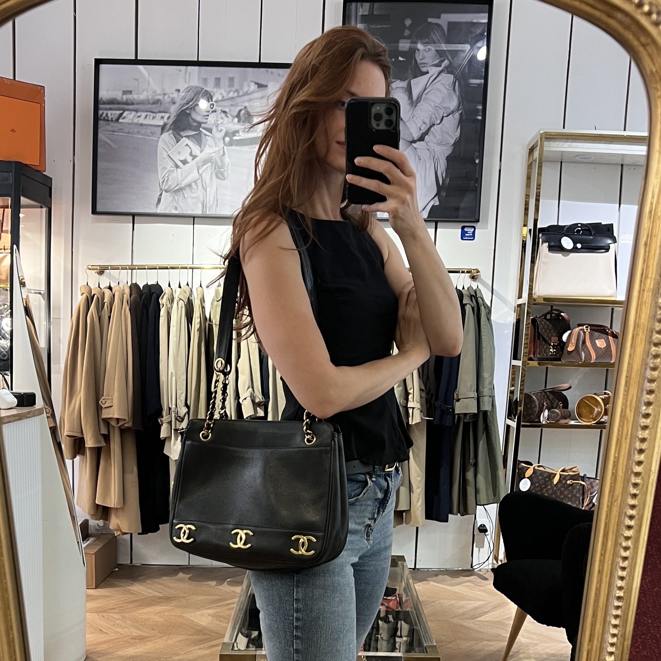 CHANEL Triple Coco black caviar leather vintage bag 1991-1994