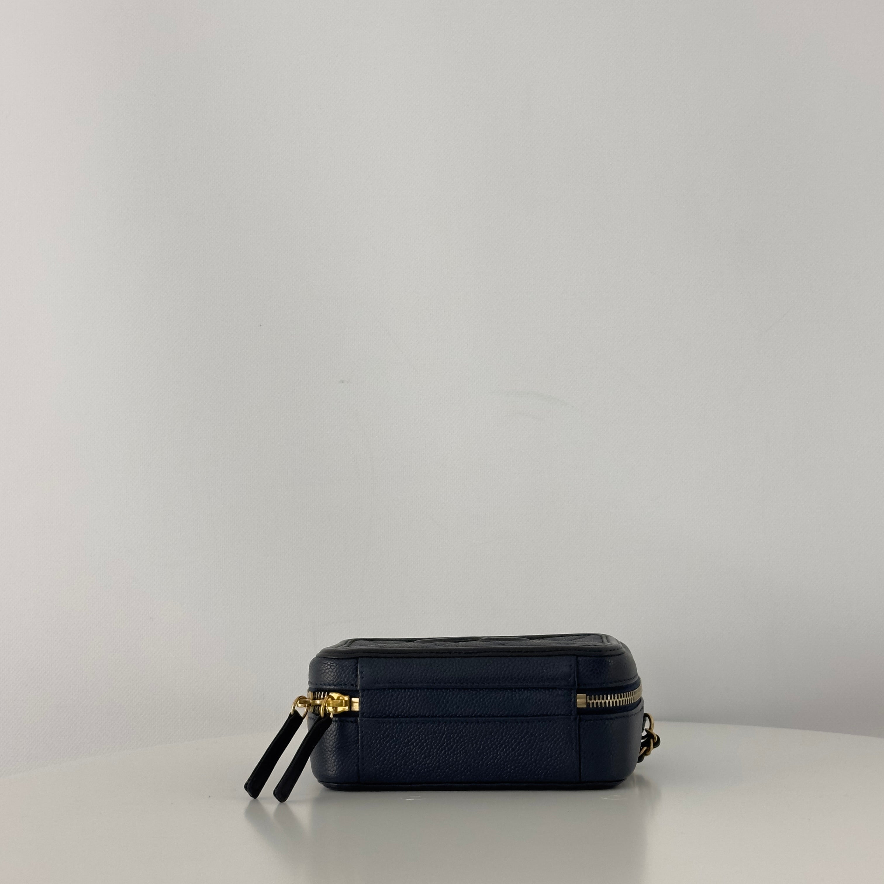 CHANEL Filigree Vanity Case handbag in midnight blue caviar leather