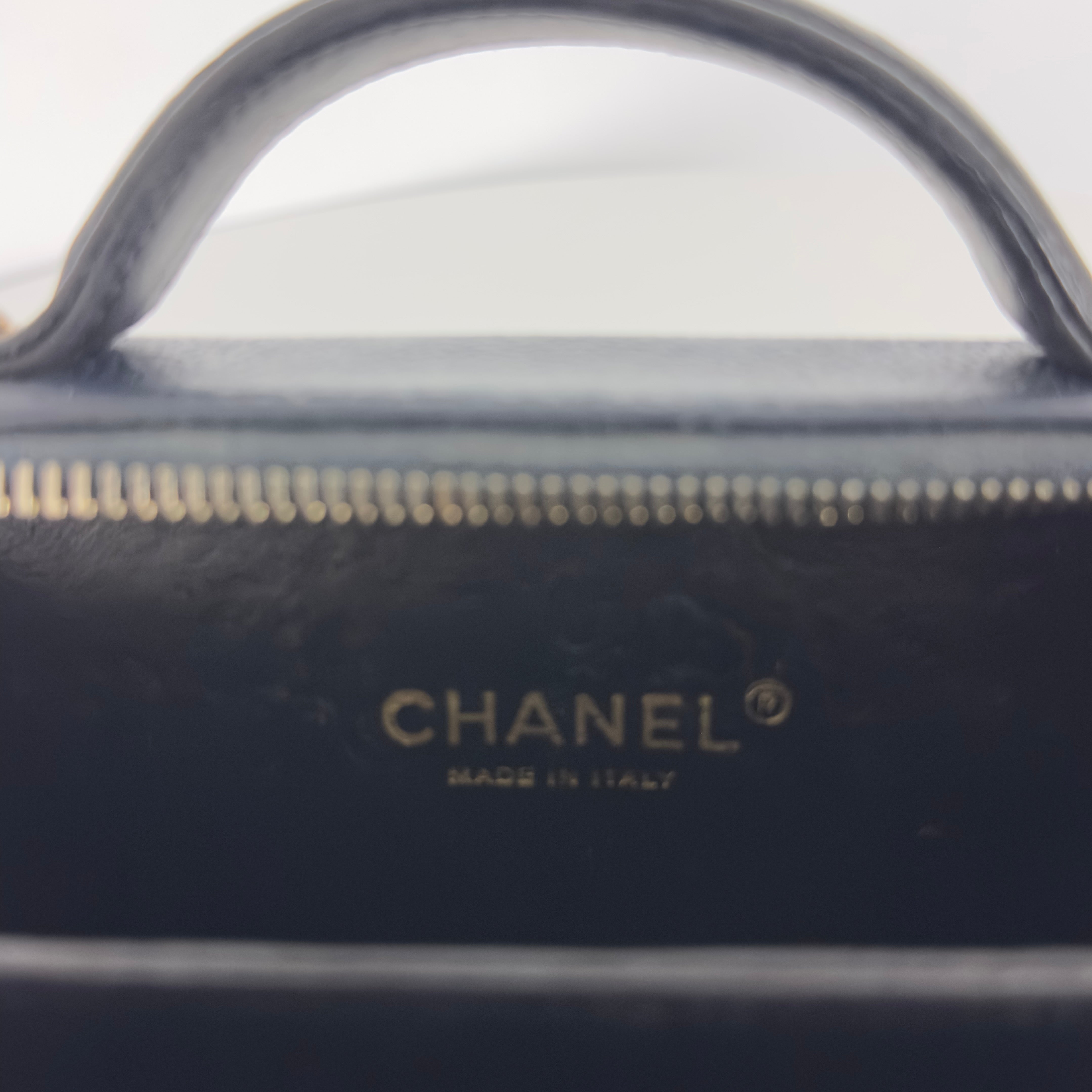 CHANEL Filigree Vanity Case handbag in midnight blue caviar leather