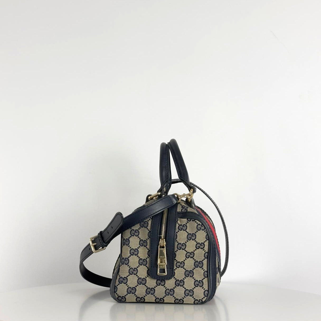 Sac à main GUCCI Boston Small toile et cuir bleu nuit