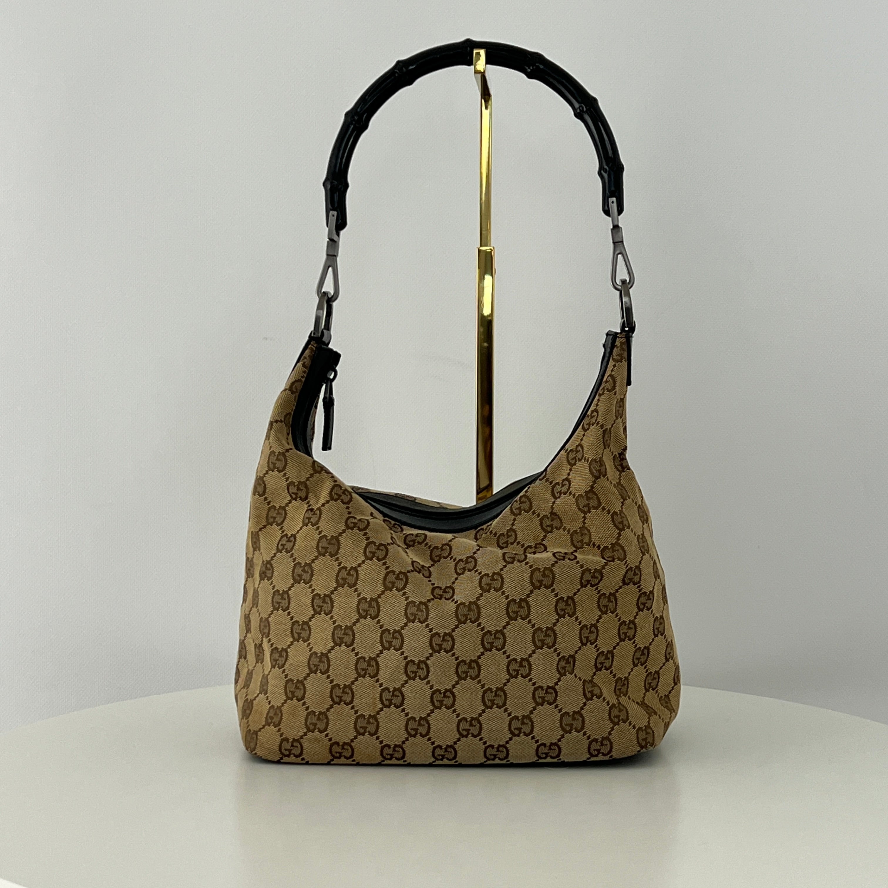 Sac à main GUCCI Hobo Bamboo toile et cuir marron
