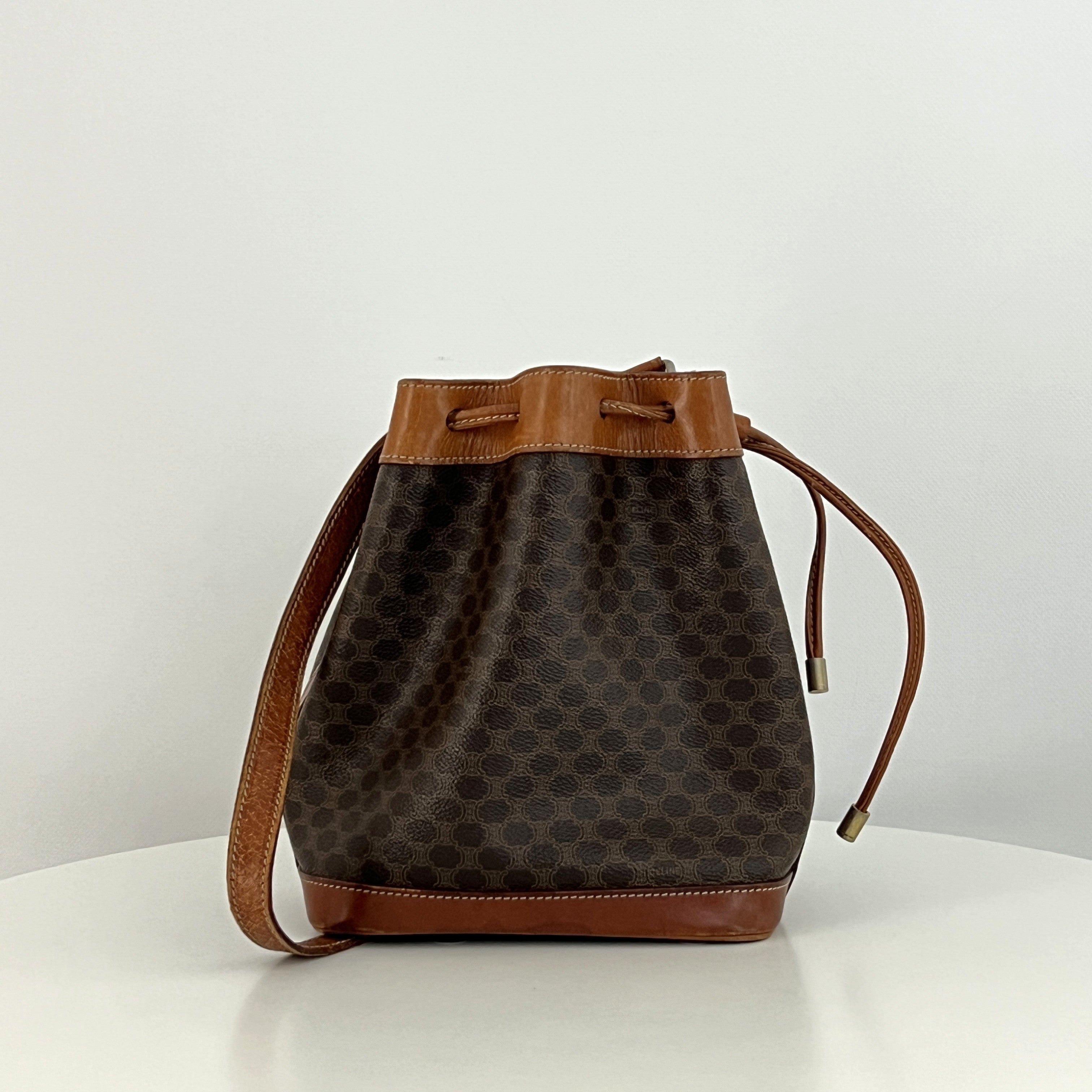 CELINE Mini Bucket Handbag in brown canvas and leather