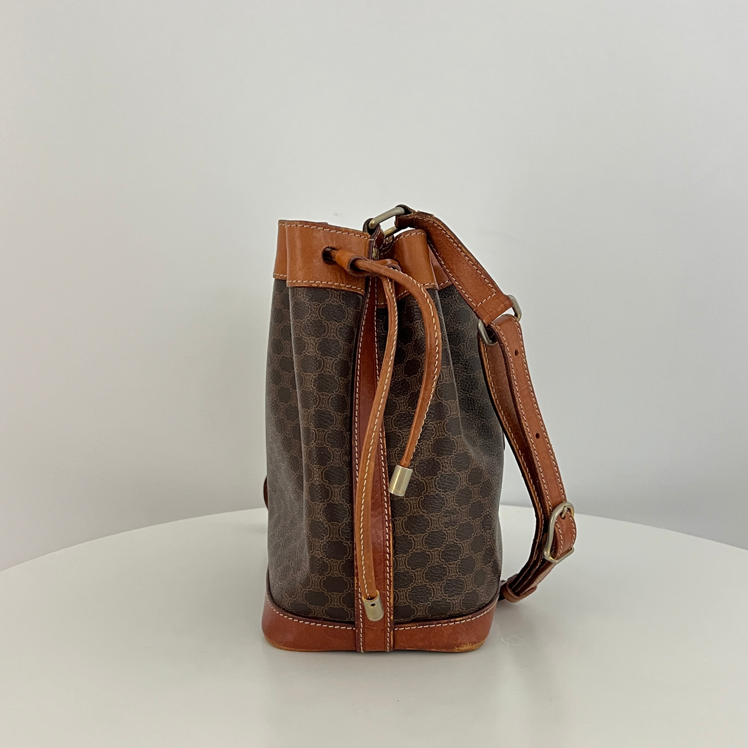 CELINE Mini Bucket Handbag in brown canvas and leather