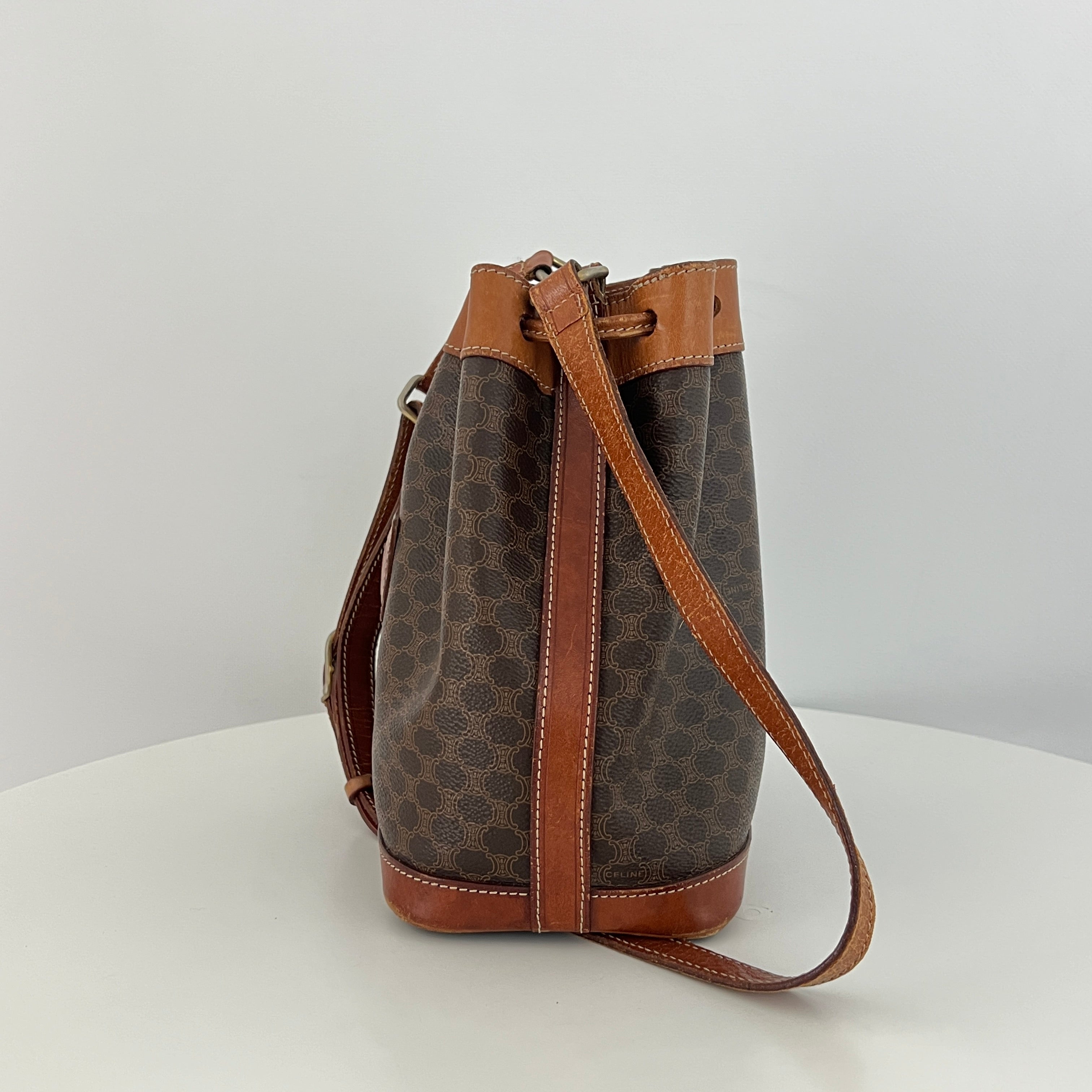 CELINE Mini Bucket Handbag in brown canvas and leather