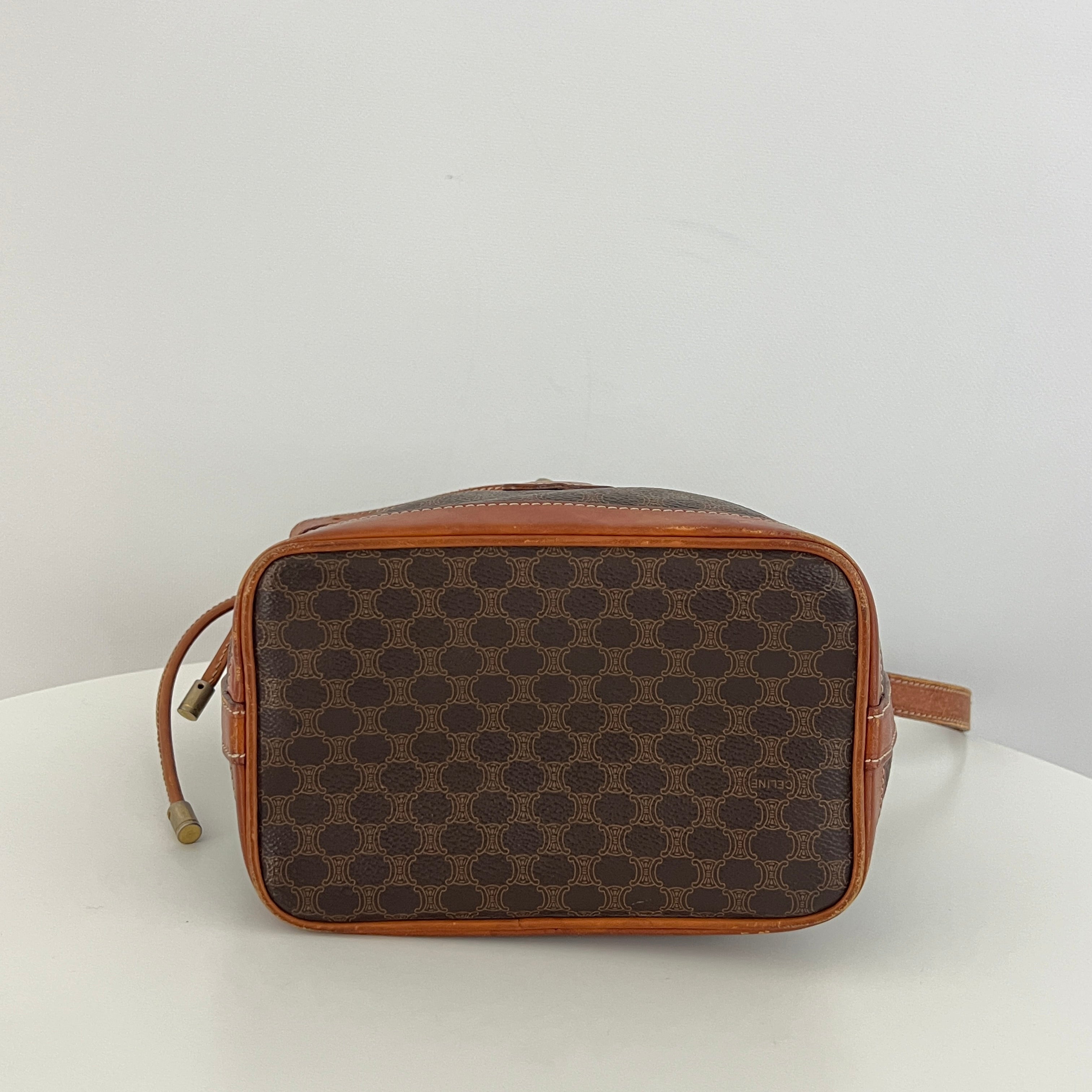 CELINE Mini Bucket Handbag in brown canvas and leather