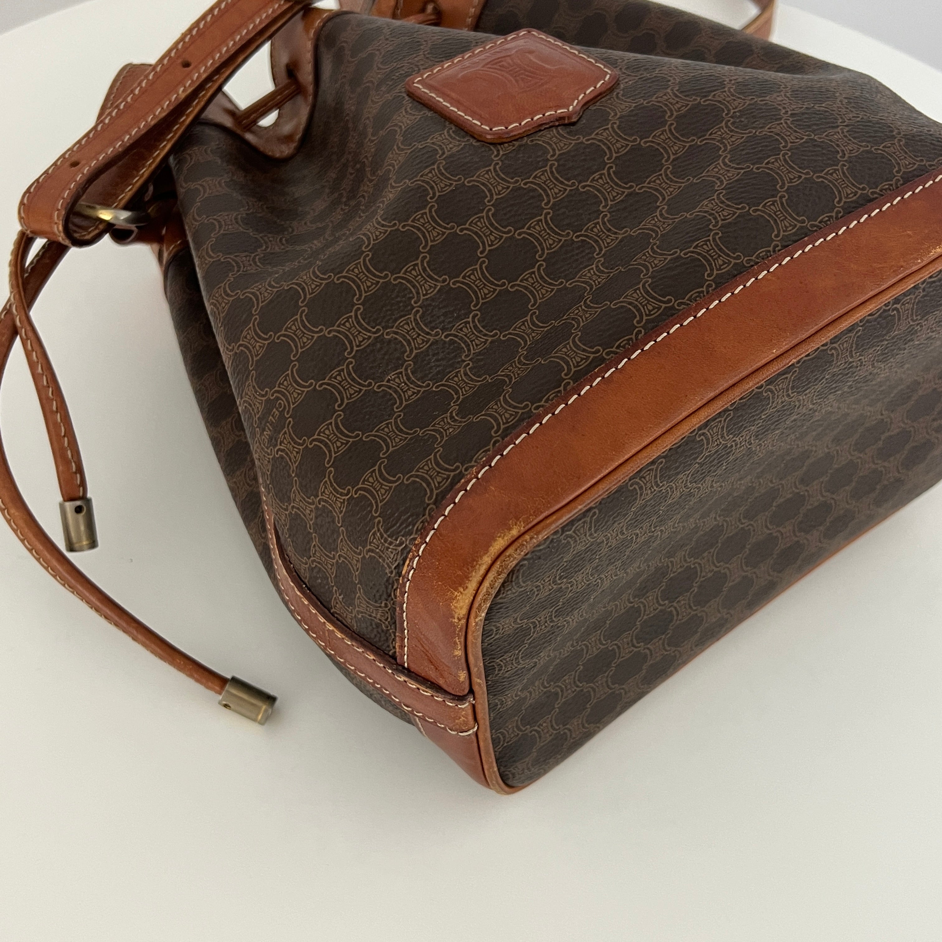 CELINE Mini Bucket Handbag in brown canvas and leather