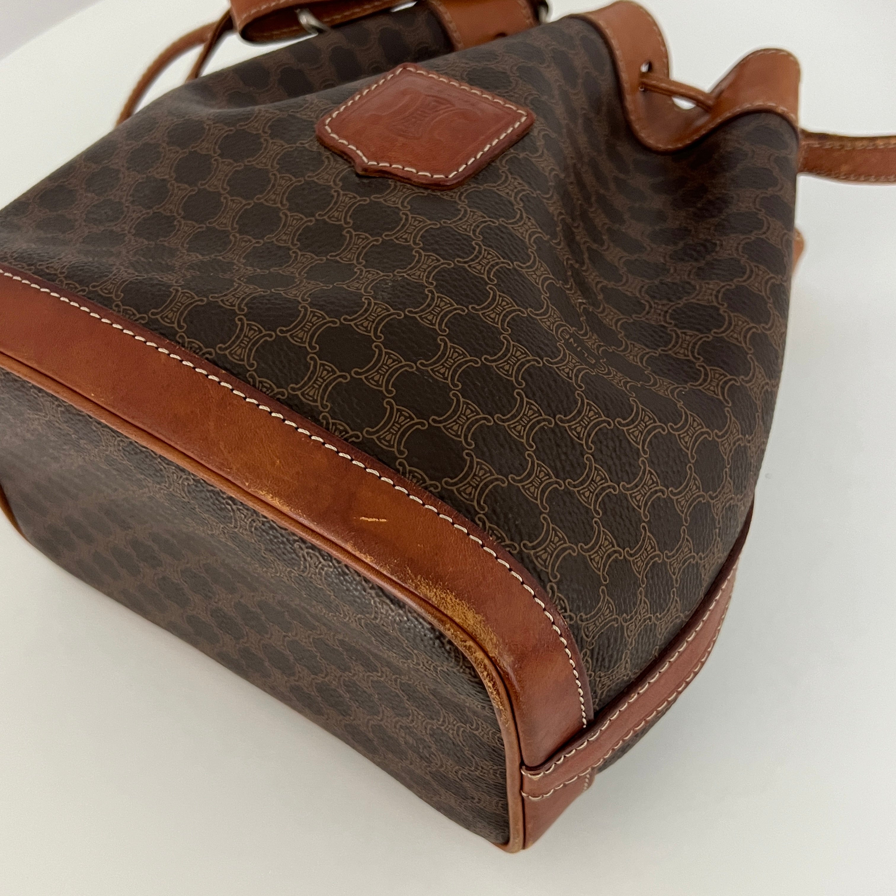 CELINE Mini Bucket Handbag in brown canvas and leather