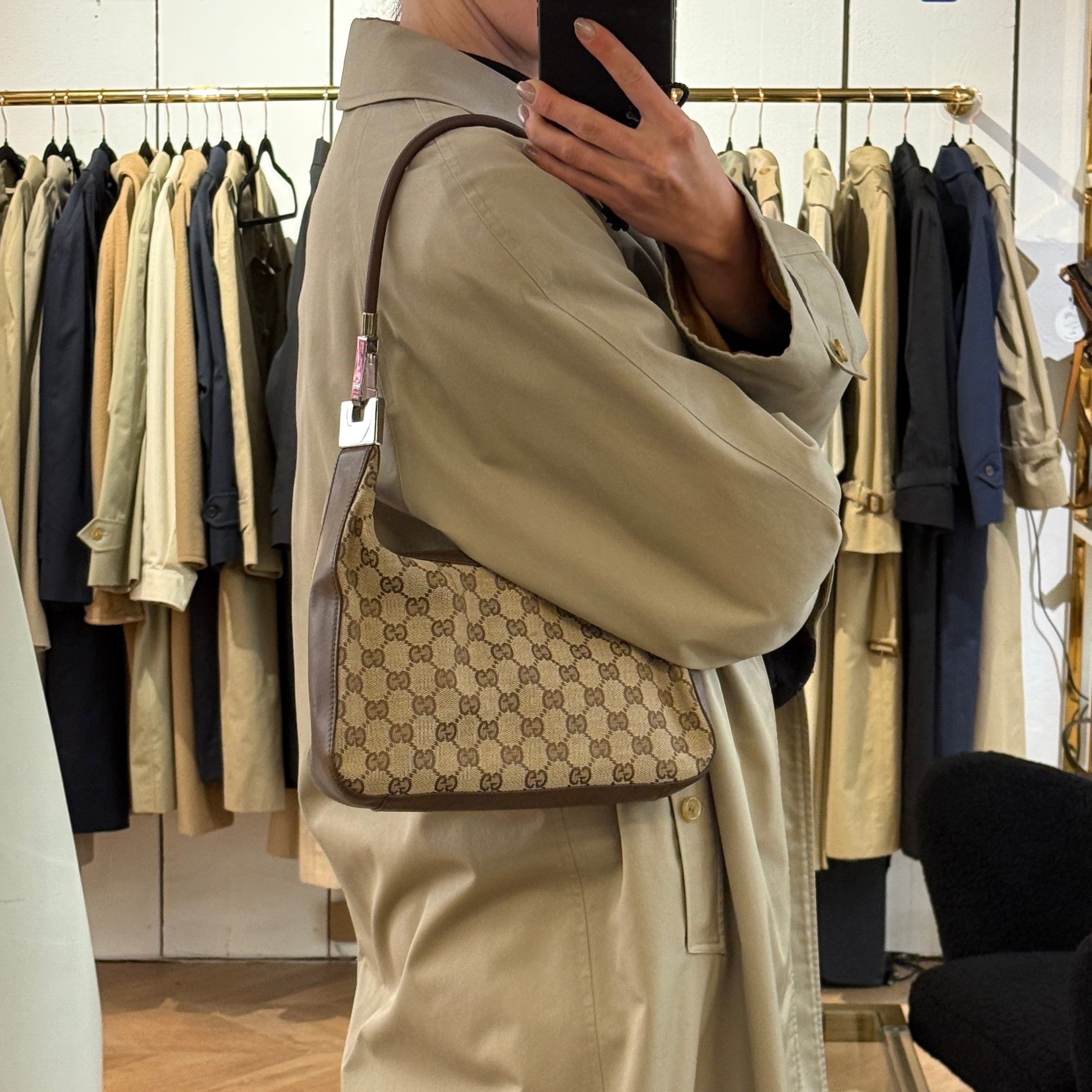 GUCCI Brown Canvas and Leather Hobo Bag