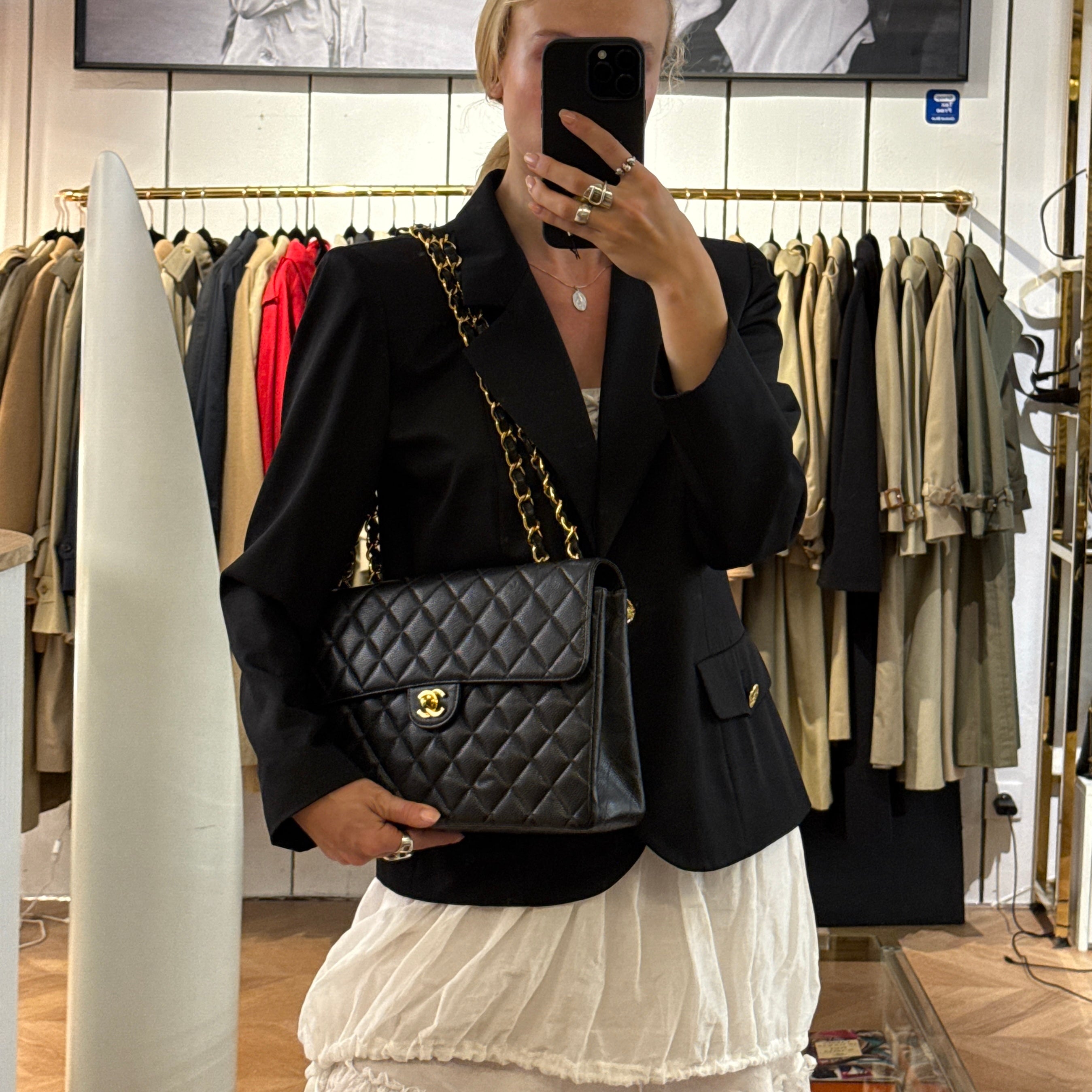 CHANEL Classic Jumbo Shoulder Bag in Black Caviar Leather