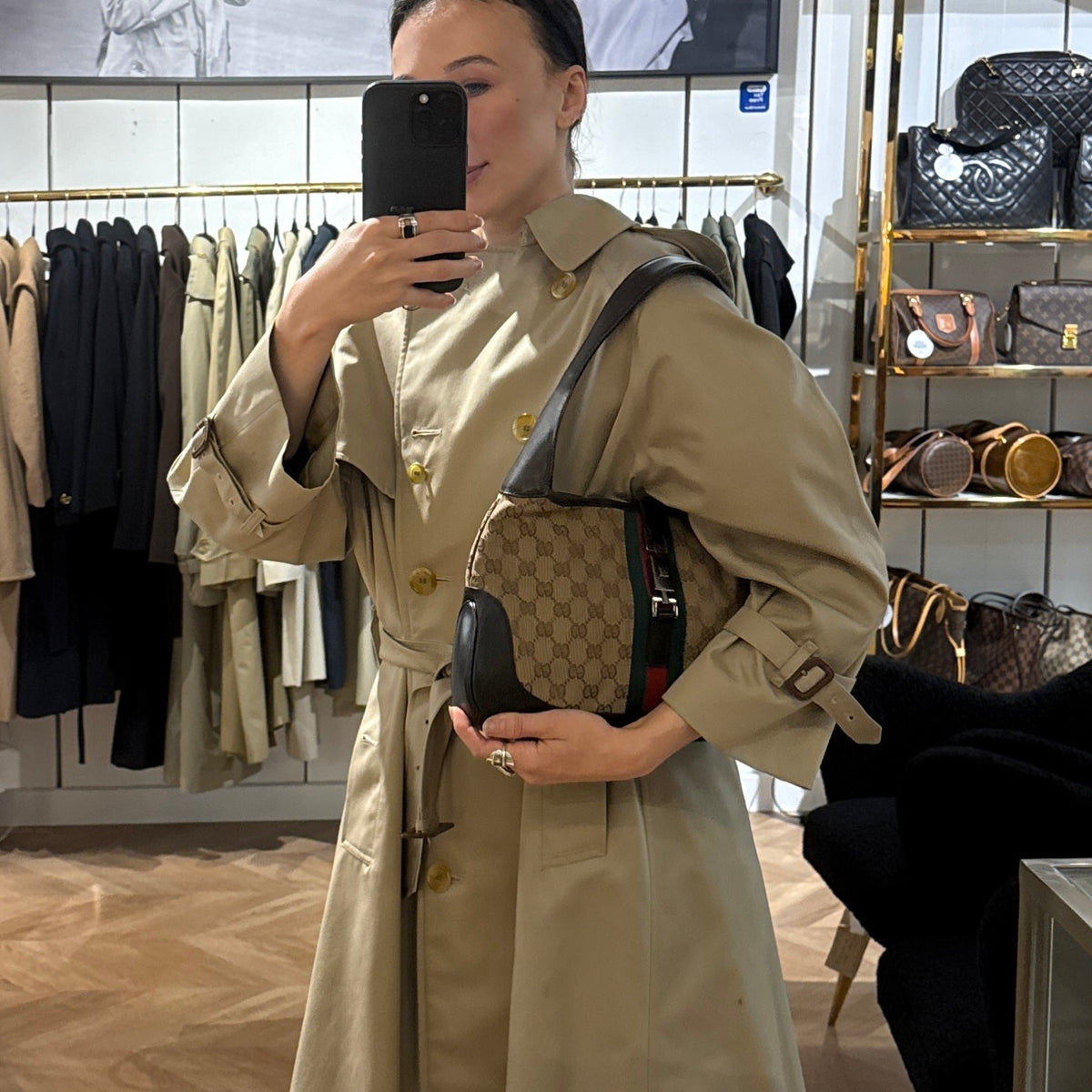 Iconic GUCCI Jackie bag in canvas and brown leather