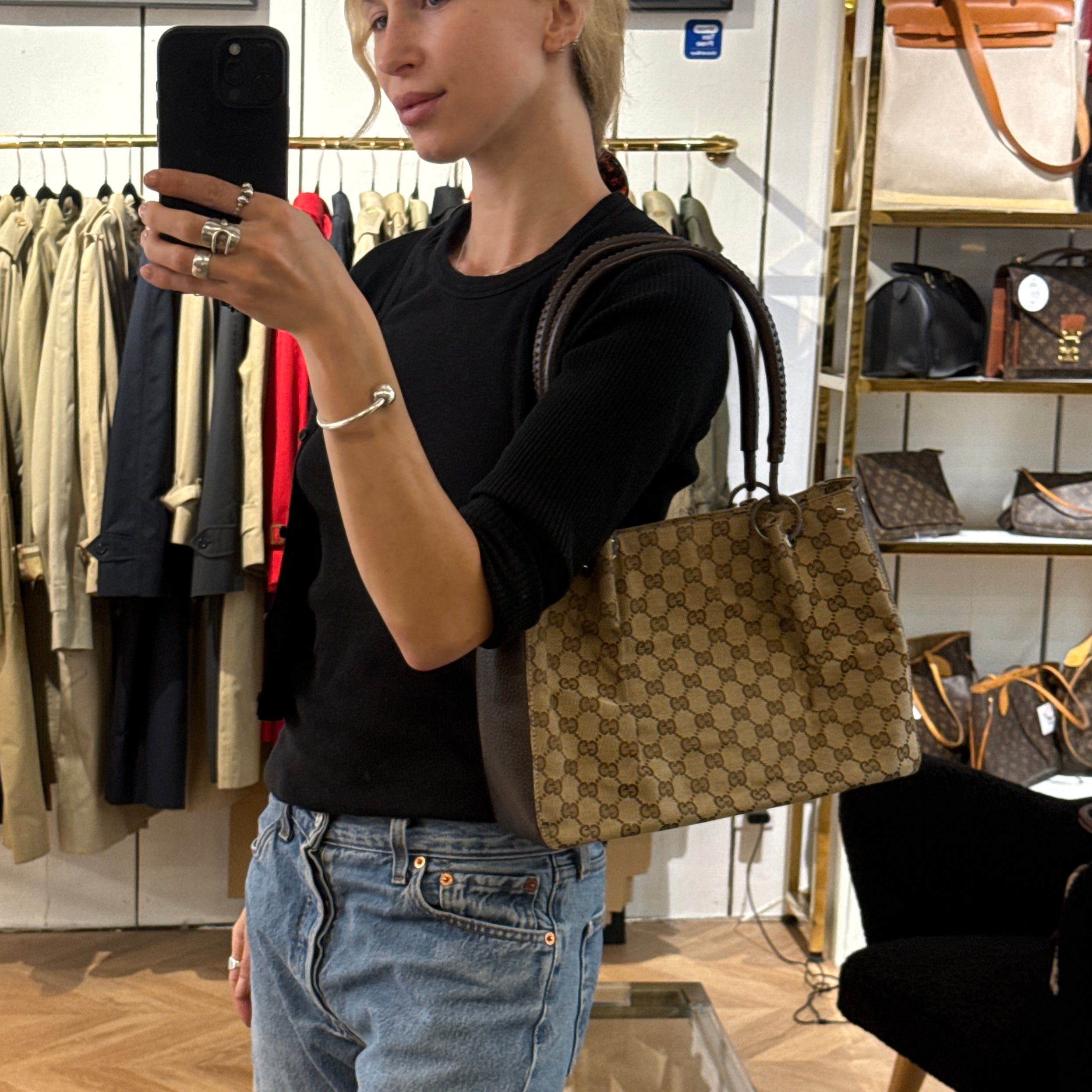 GUCCI Brown Canvas and Leather Hobo Bag