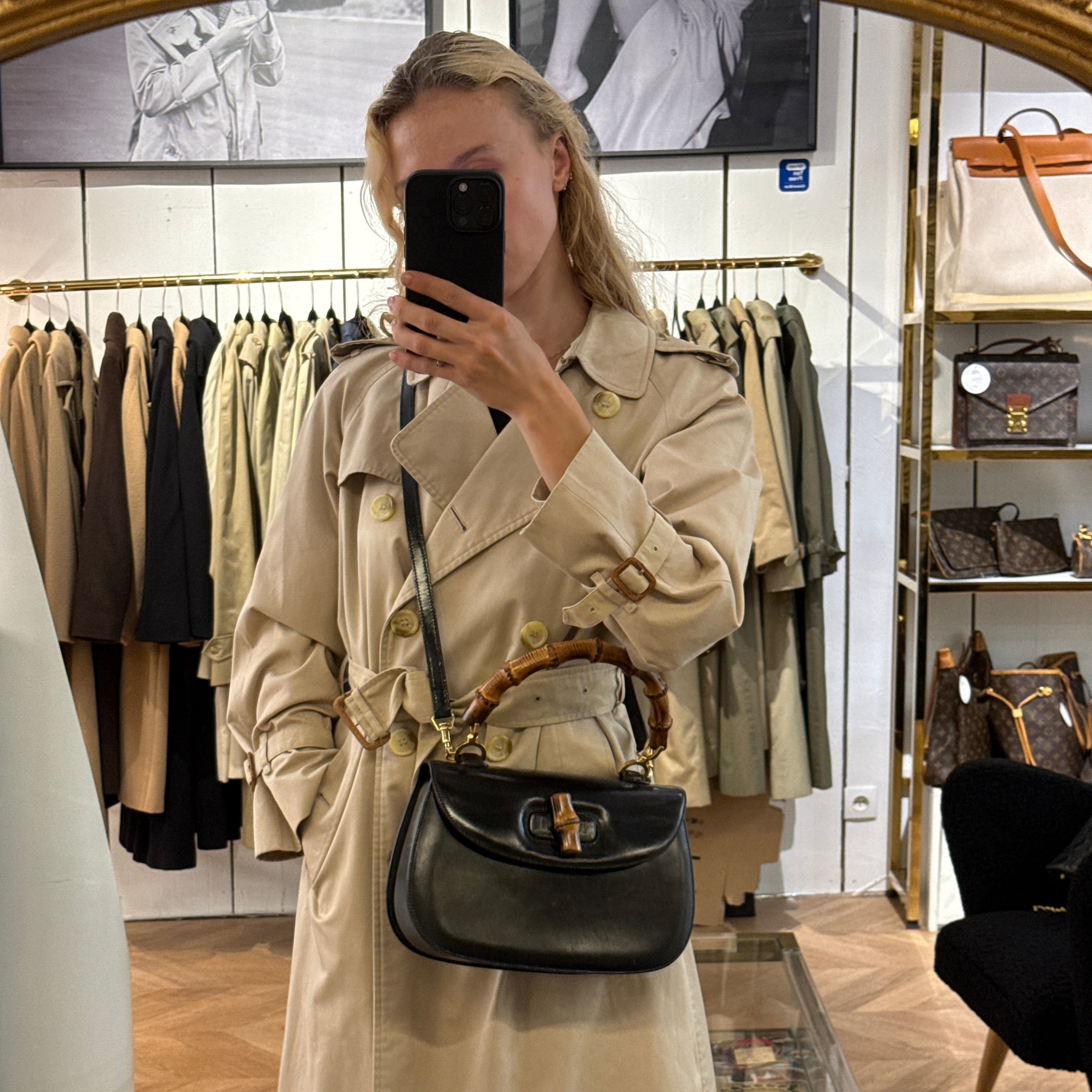 Sac à bandoulière GUCCI Bamboo 1947 cuir lisse noir