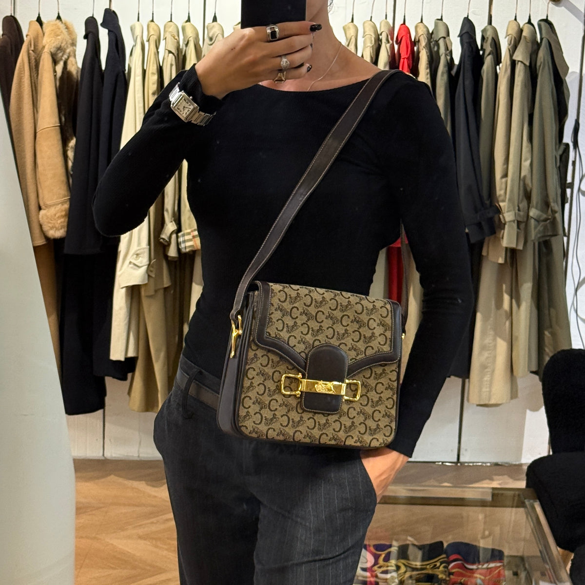 CELINE Triomphe Carriage brown canvas and leather bag