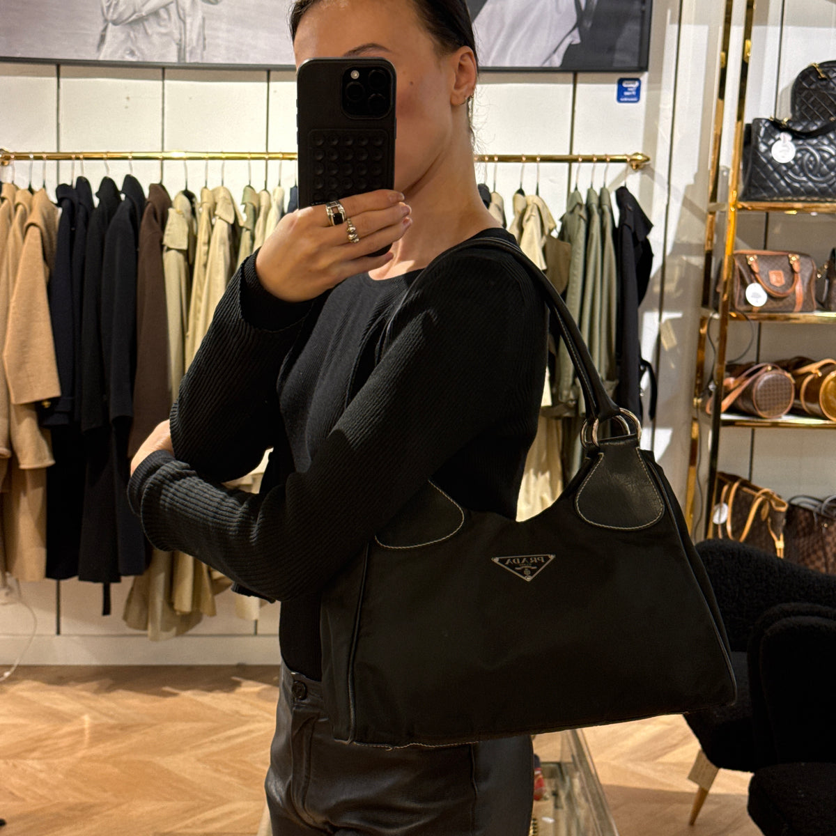 Black nylon and leather PRADA Hobo bag