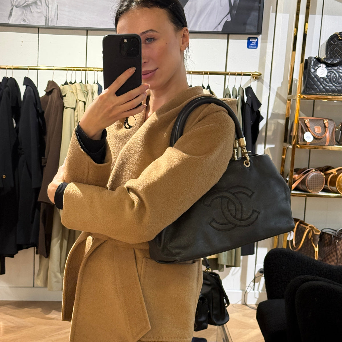 Vintage 2003-2004 CHANEL black caviar leather top handle tote bag