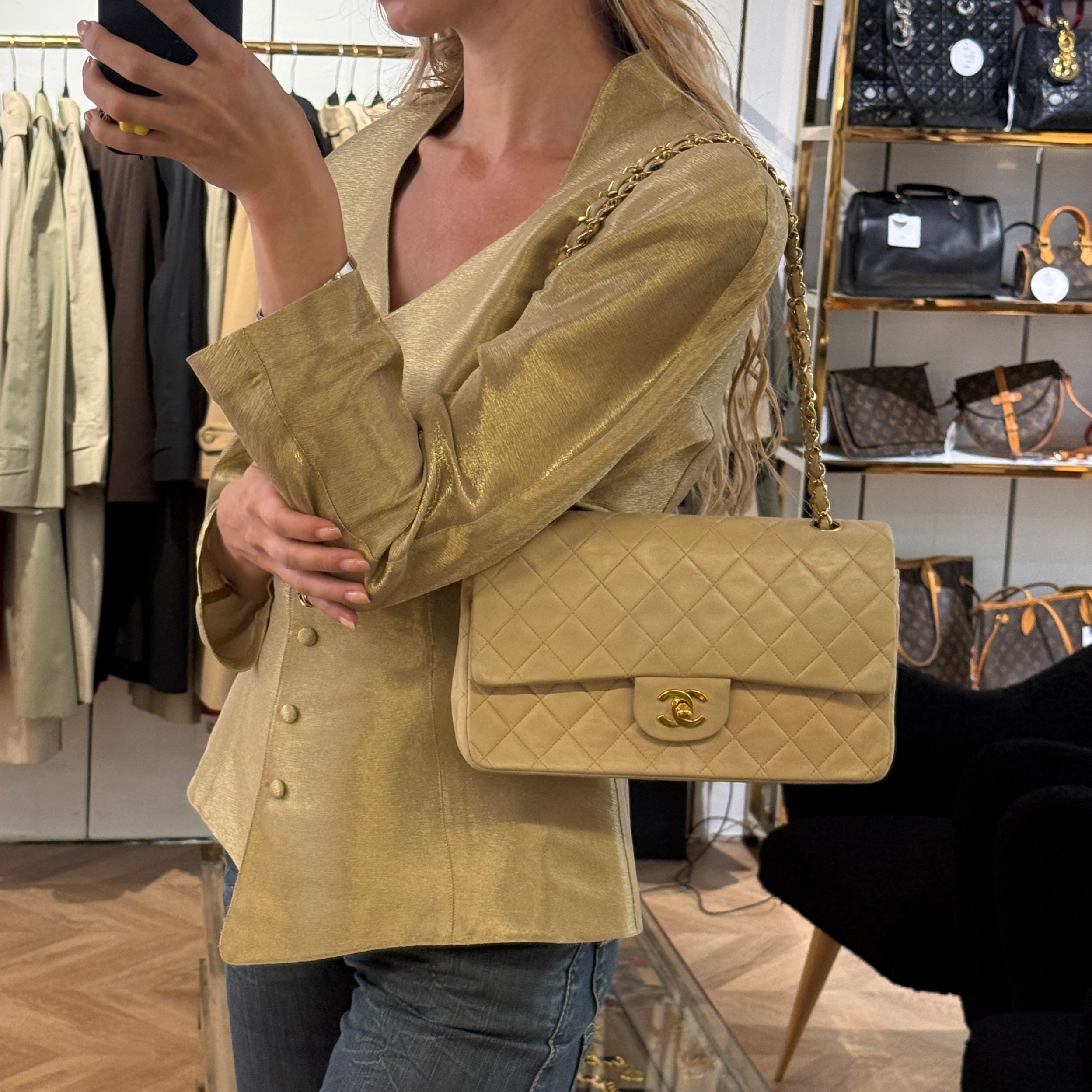 CHANEL Classic Medium Flap Shoulder Bag in beige lambskin