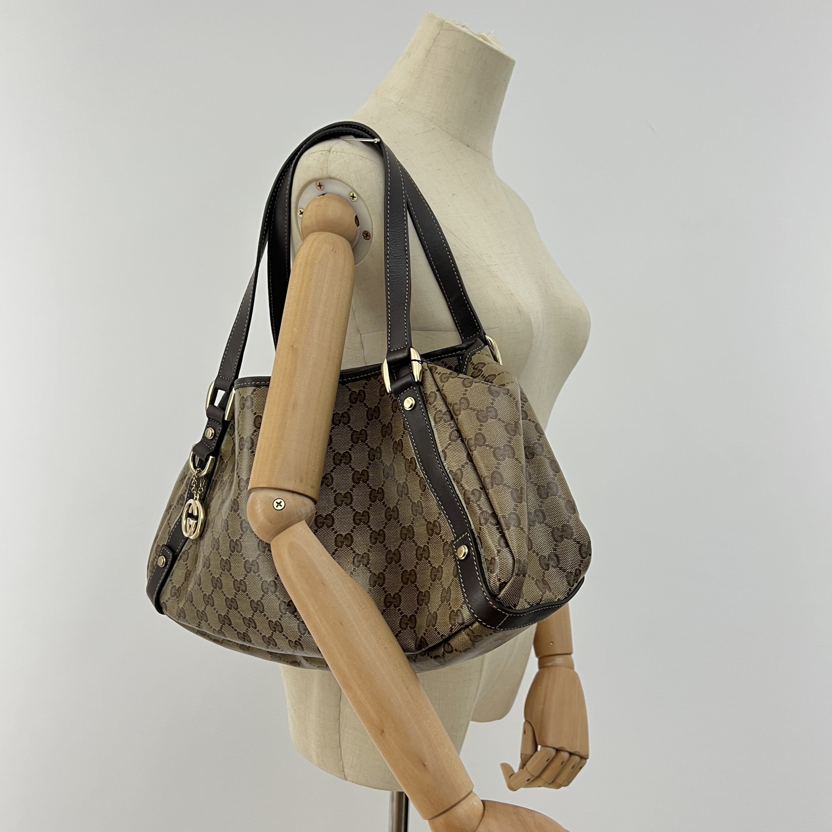 Sac à main GUCCI Tote toile et cuir marron