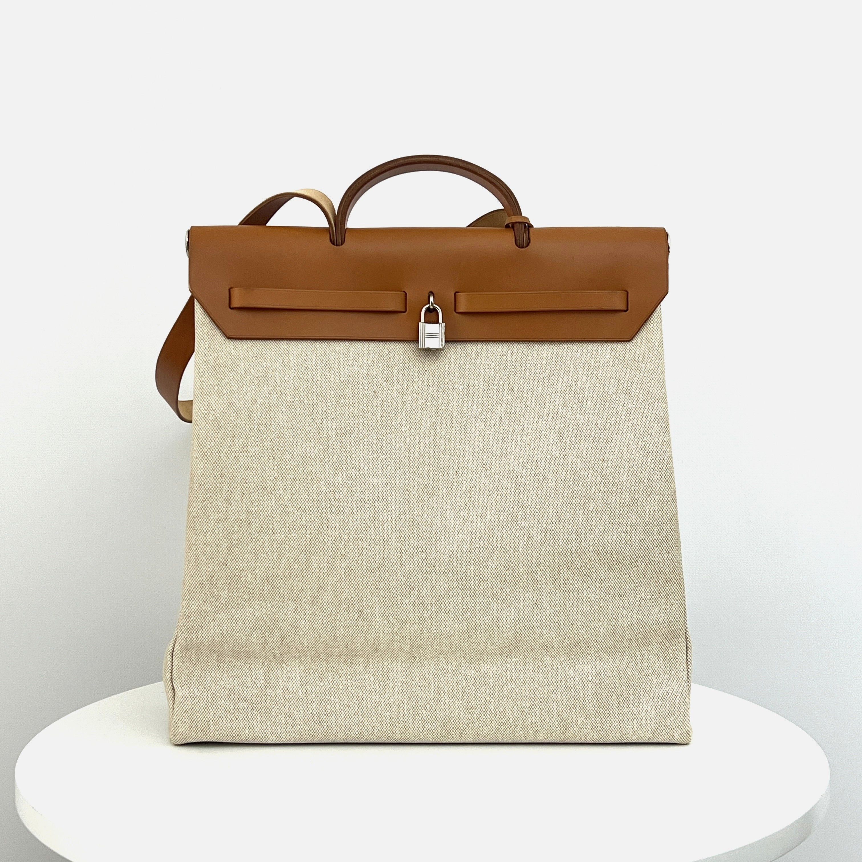 Sac HERMÈS Herbag 39 toile et cuir marron