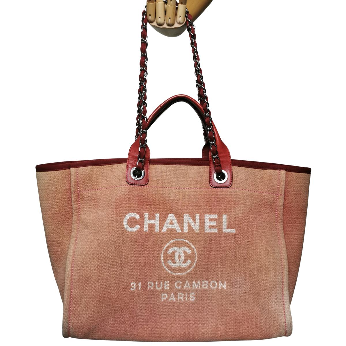 Sac à main CHANEL Deauville toile et cuir Rose
