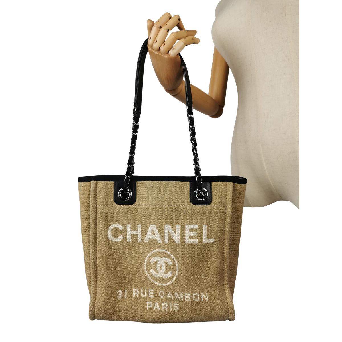 Sac à main CHANEL Deauville PM toile et cuir Beige