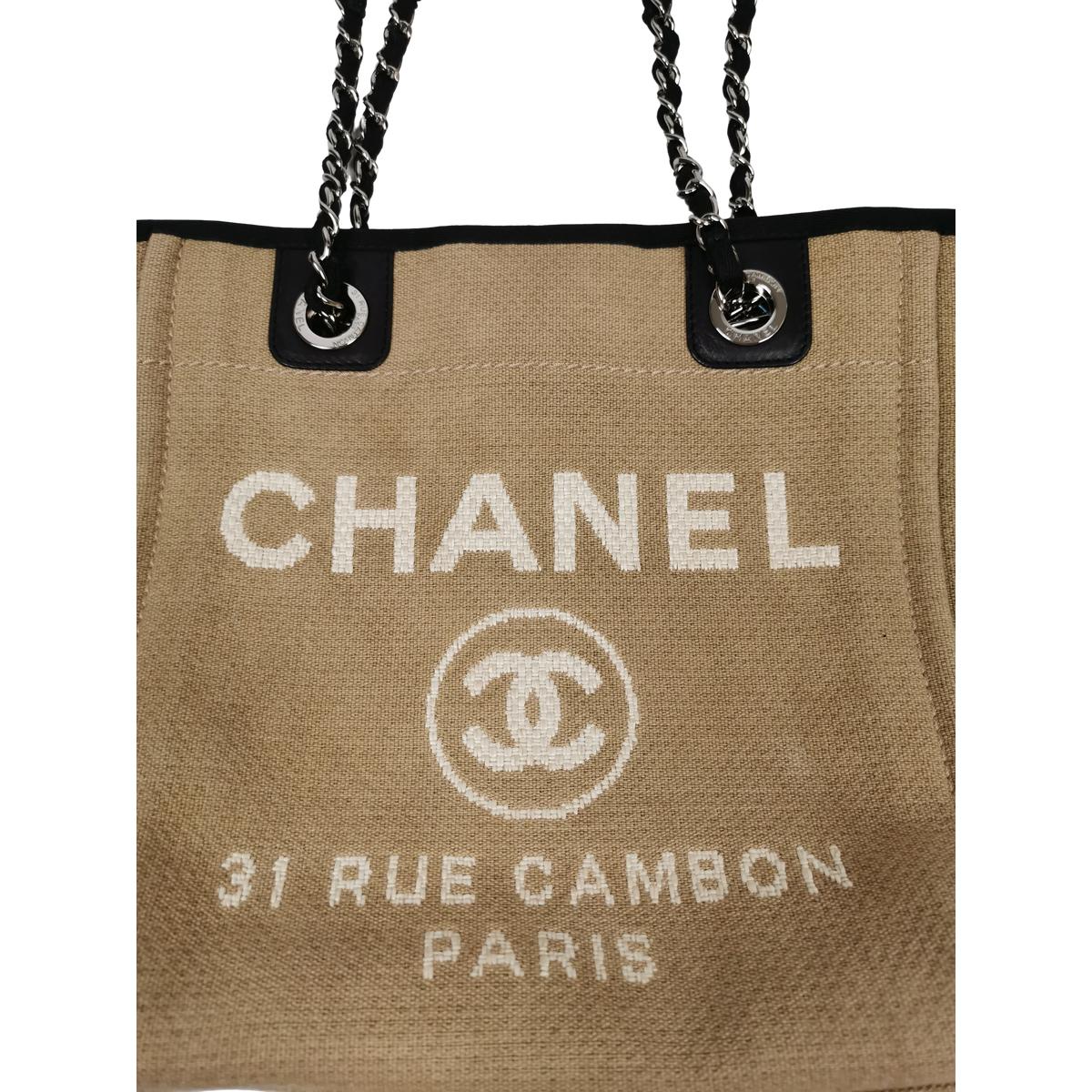 Sac à main CHANEL Deauville PM toile et cuir Beige