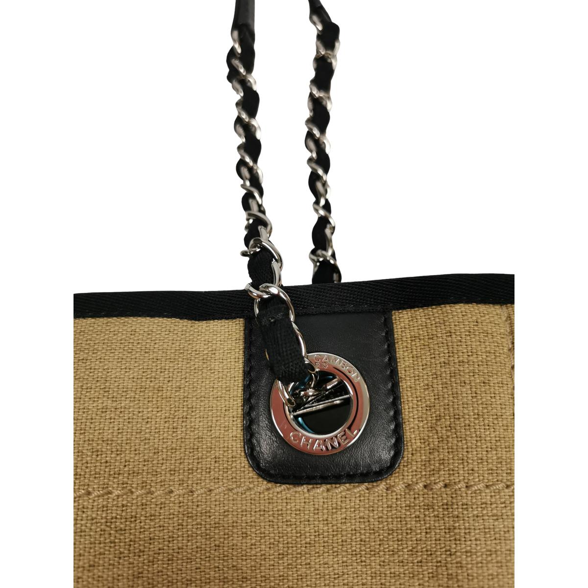 Sac à main CHANEL Deauville PM toile et cuir Beige