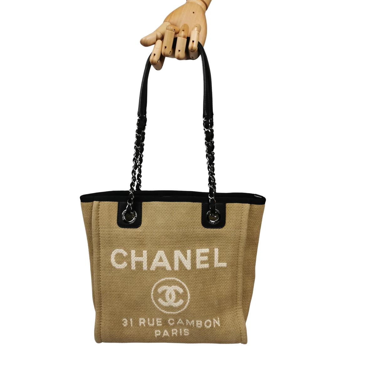 Sac à main CHANEL Deauville PM toile et cuir Beige