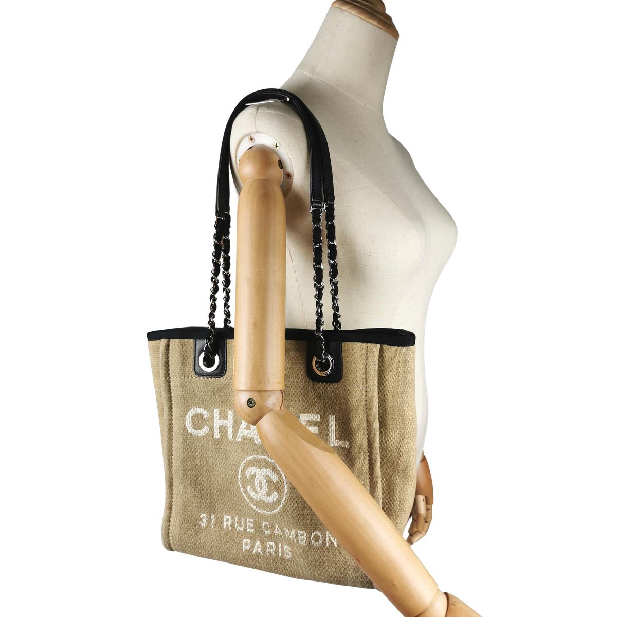 Sac à main CHANEL Deauville PM toile et cuir Beige