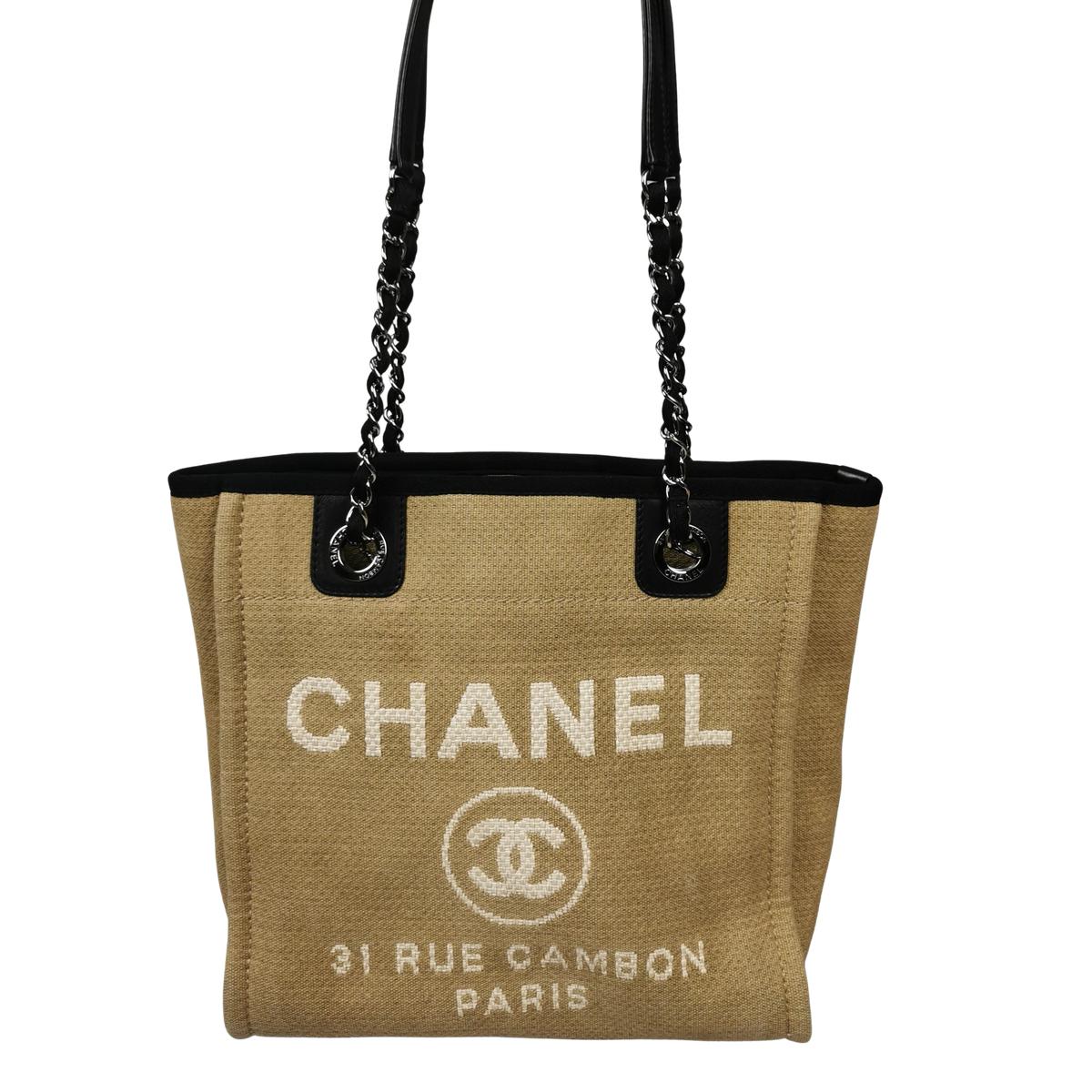 Sac à main CHANEL Deauville PM toile et cuir Beige