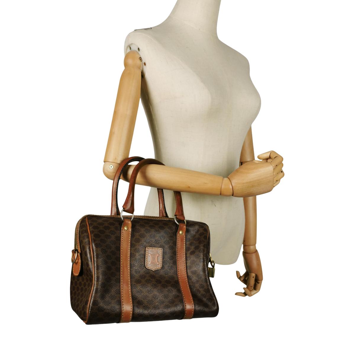 Sac à bandoulière CELINE Boston Macadam toile et cuir Marron