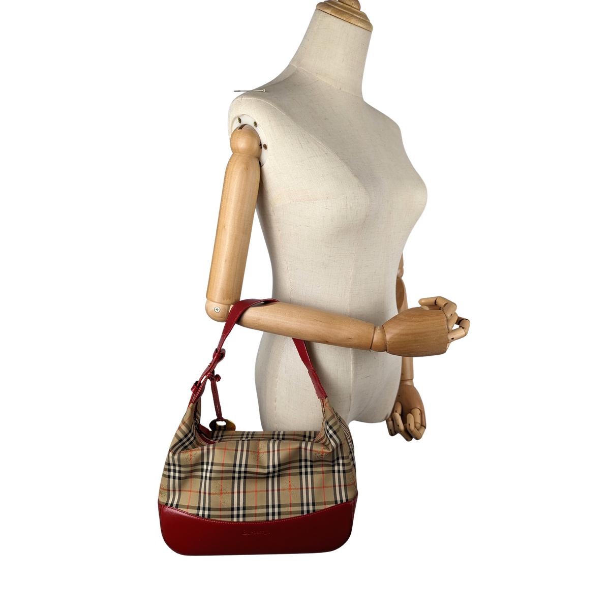Sac à main BURBERRY Hobo house Check toile et cuir Rouge
