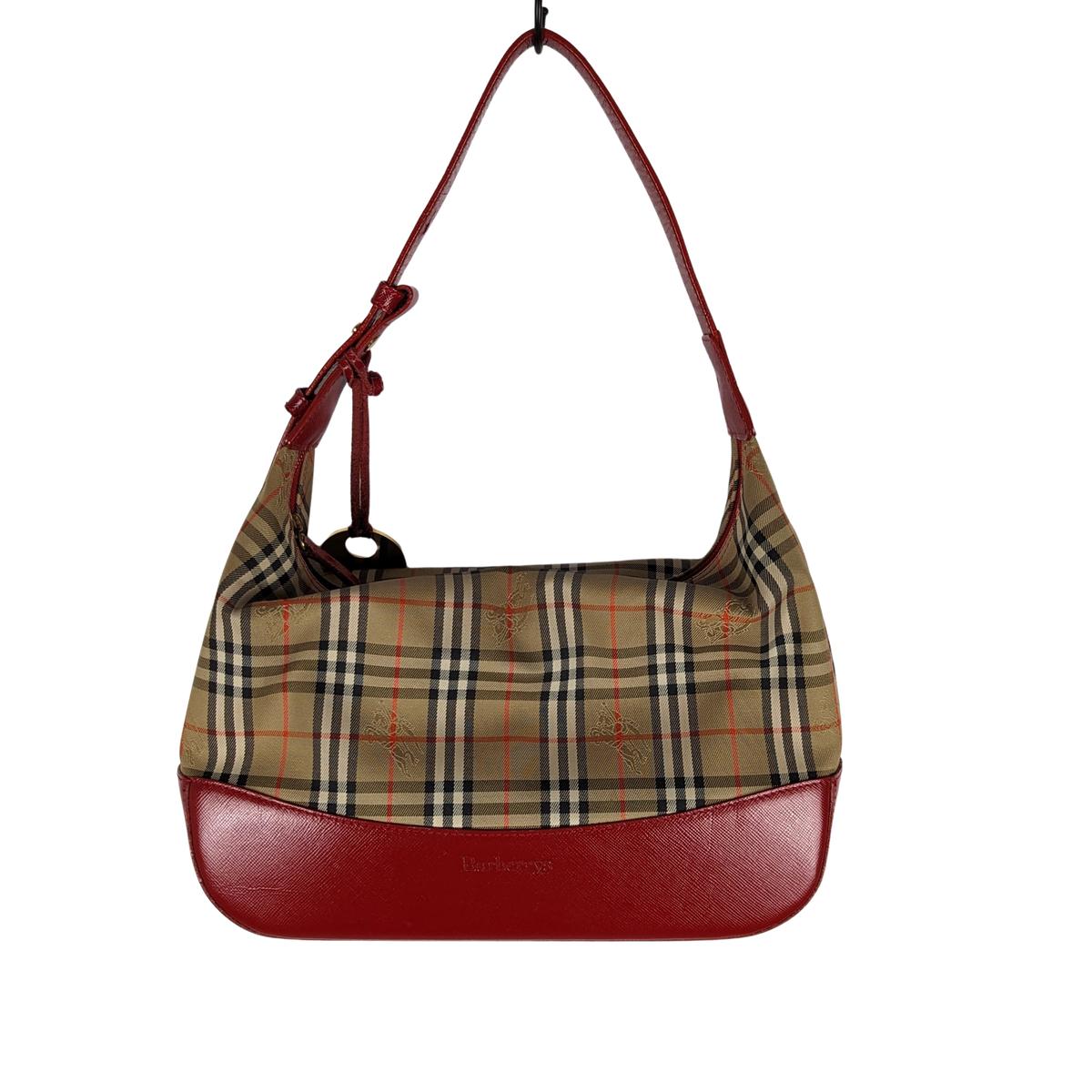 Sac à main BURBERRY Hobo house Check toile et cuir Rouge