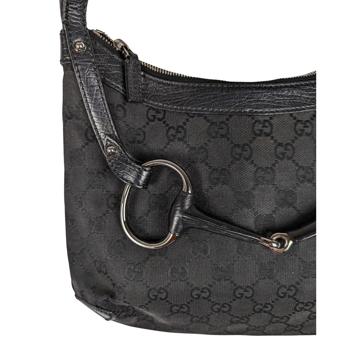 GUCCI Horsebit canvas and leather handbag Black