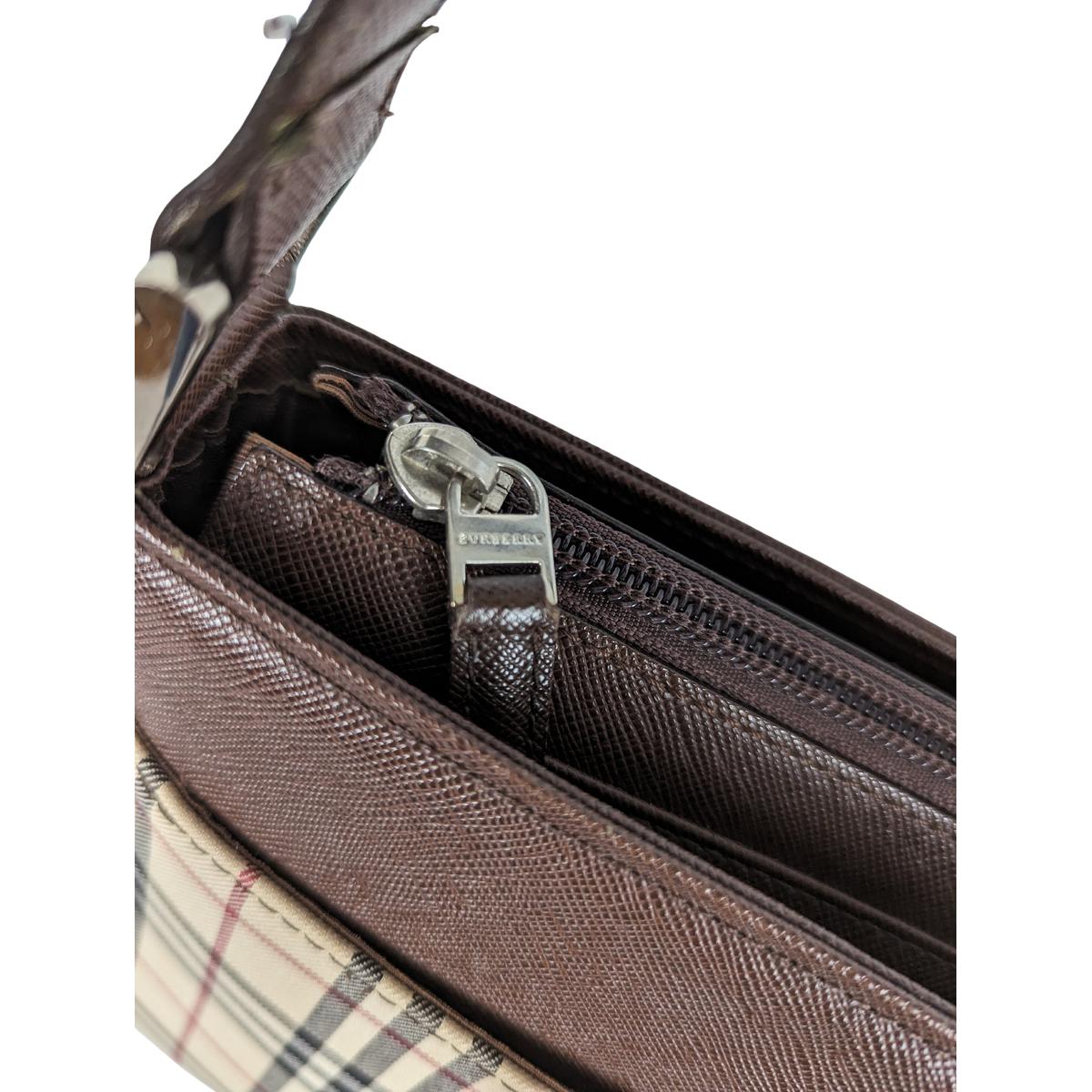 Sac à bandoulière BURBERRY Camera House Check toile et cuir Marron