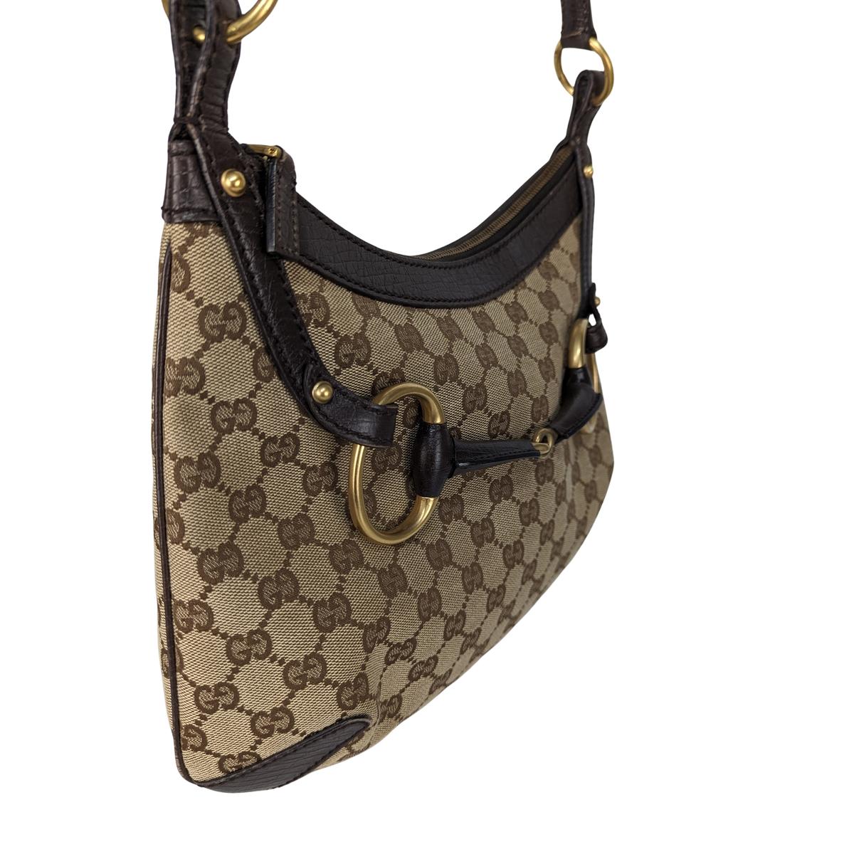 GUCCI Horsebit canvas and leather handbag Brown
